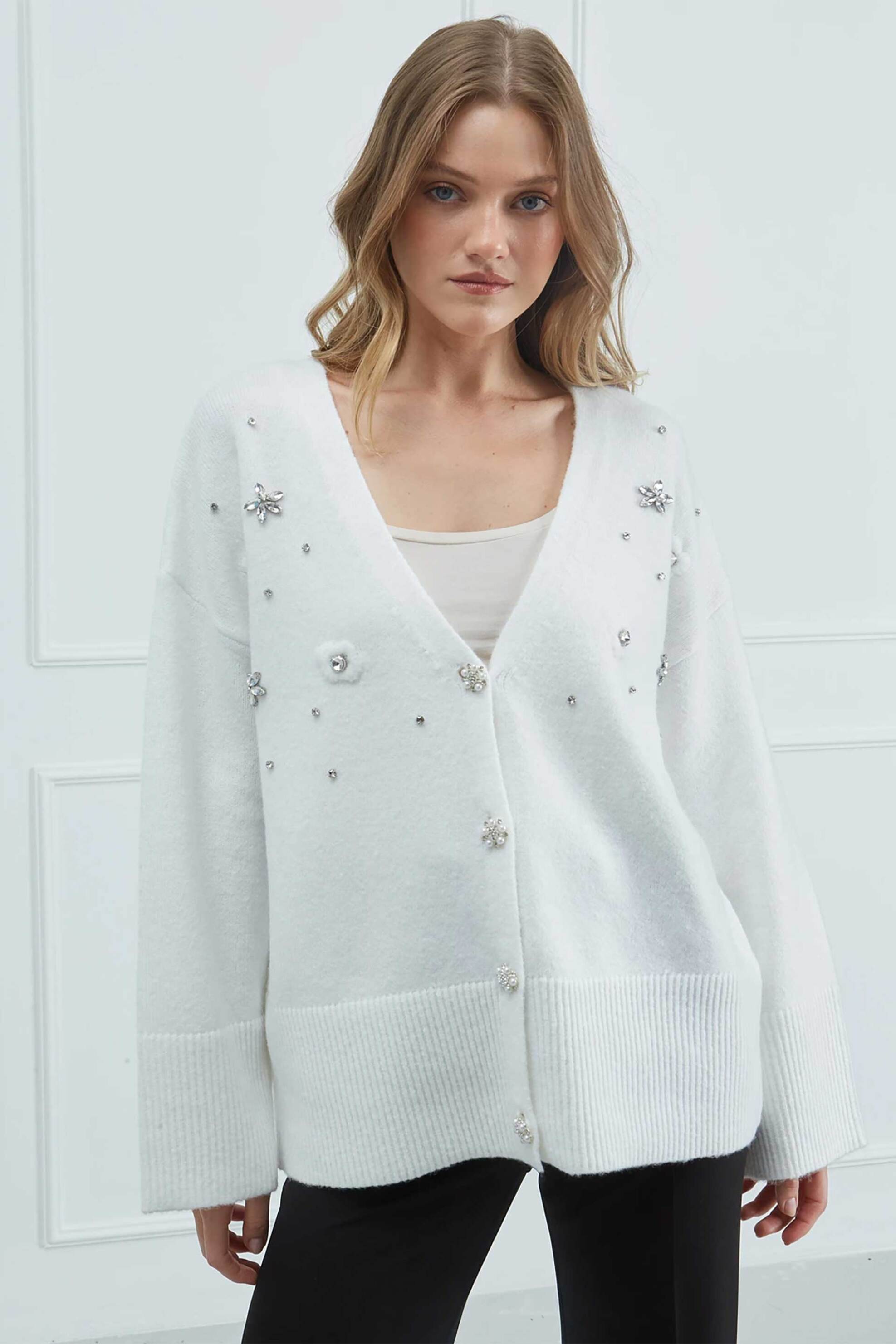 Sarah Lawrence γυναικεία ζακέτα με κέντημα στρας - 261-1002 Εκρού