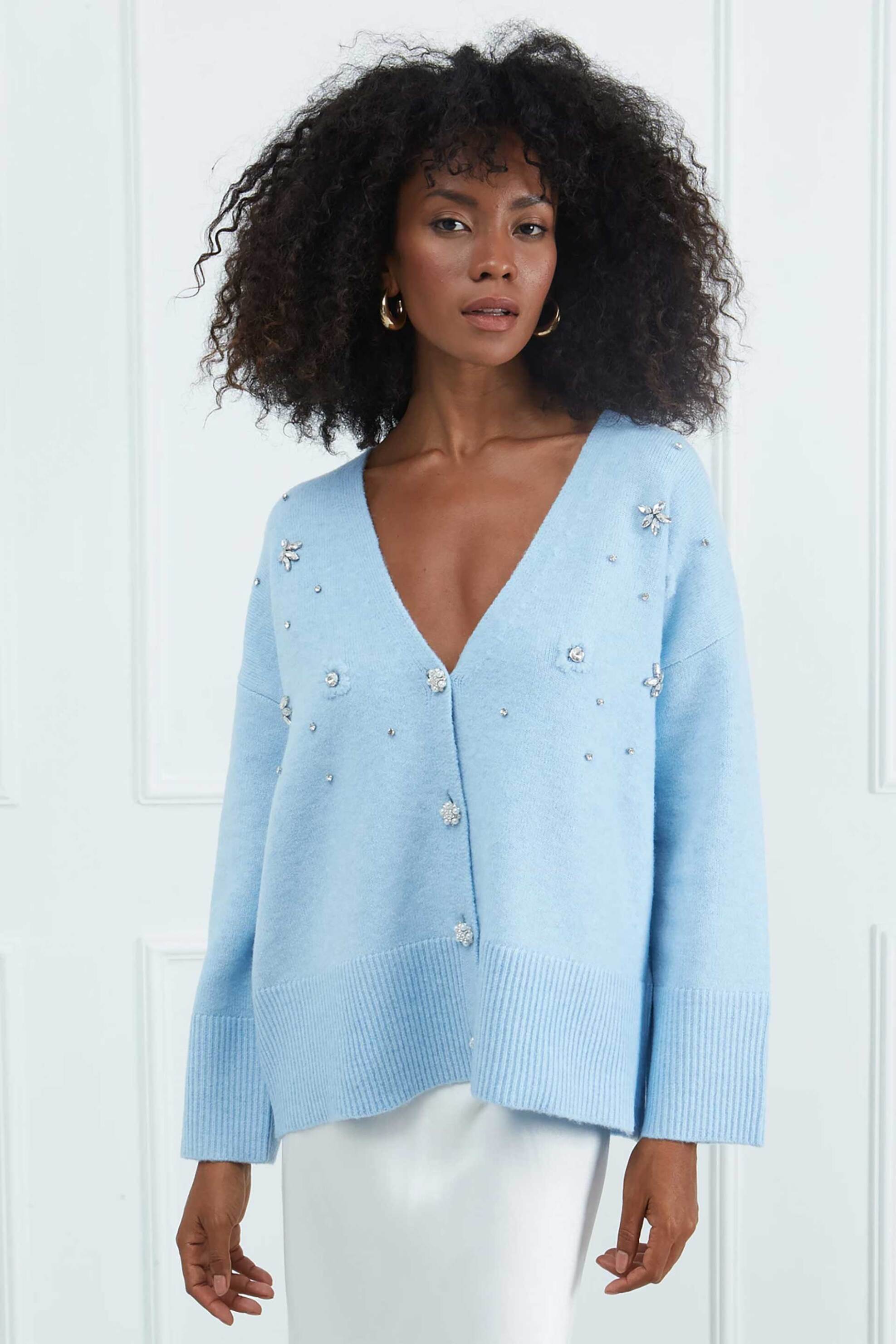 SARAH LAWRENCE JEANS Sarah Lawrence γυναικεία ζακέτα με κέντημα στρας - 261-1002 Γαλάζιο