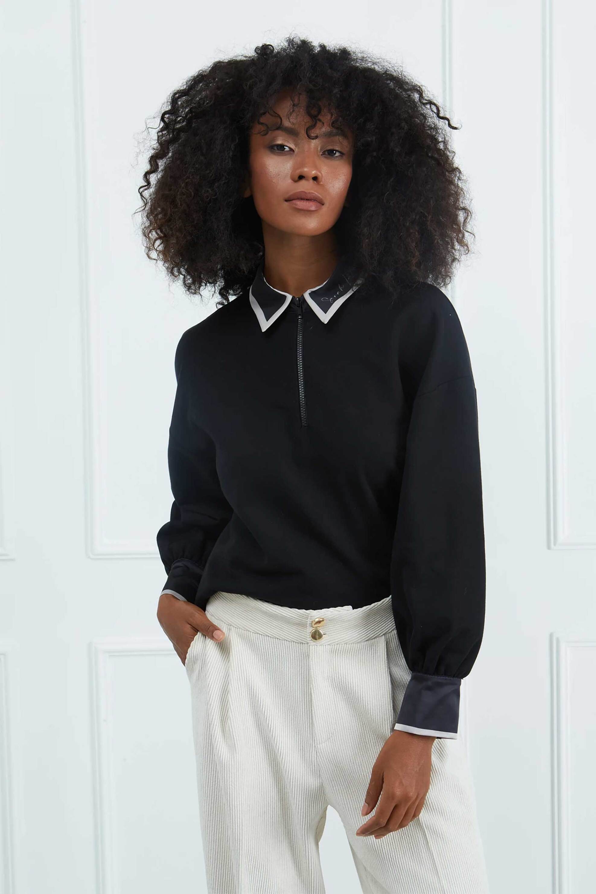 Sarah Lawrence γυναικεία μπλούζα φούτερ με γιακά - 161-0701 Μαύρο