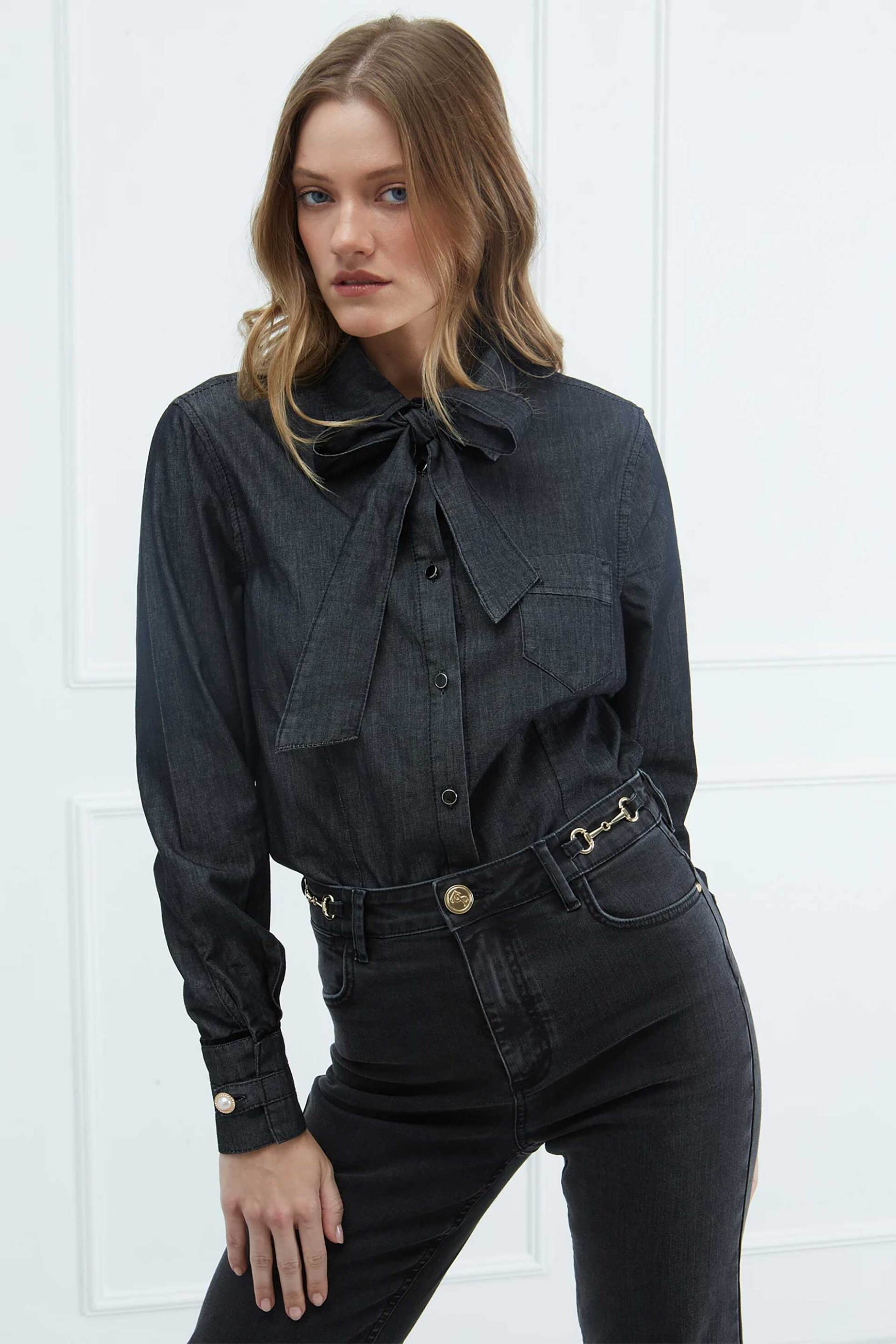 Sarah Lawrence γυναικείο πουκάμισο denim με φιόγκο - 261-0608 Μαύρο