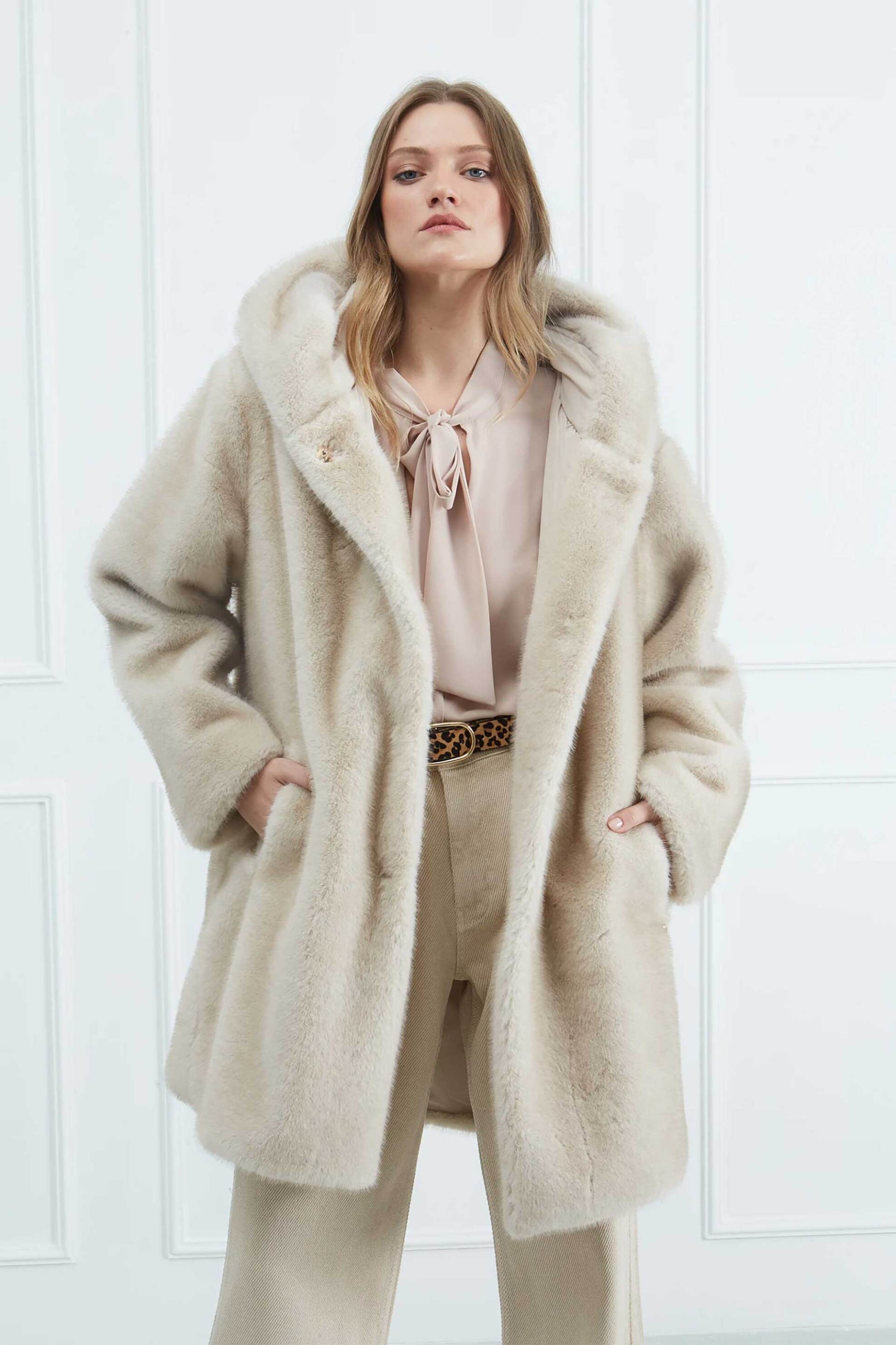 Sarah Lawrence γυναικεία faux γούνα με κουκούλα - 261-1301 Μπεζ