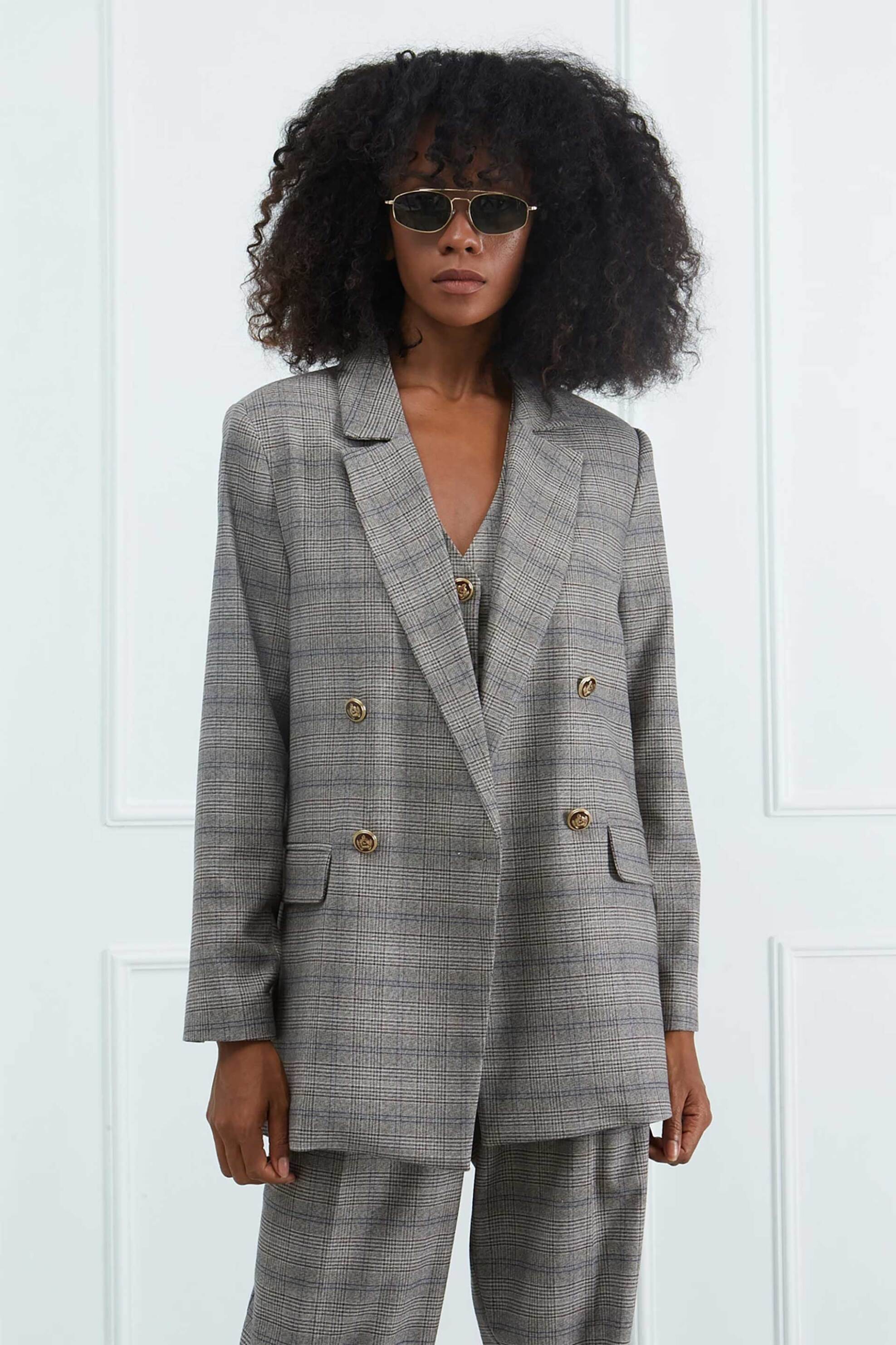 Sarah Lawrence γυναικείο καρό σακάκι σταυρωτό - 161-0104 Μπεζ