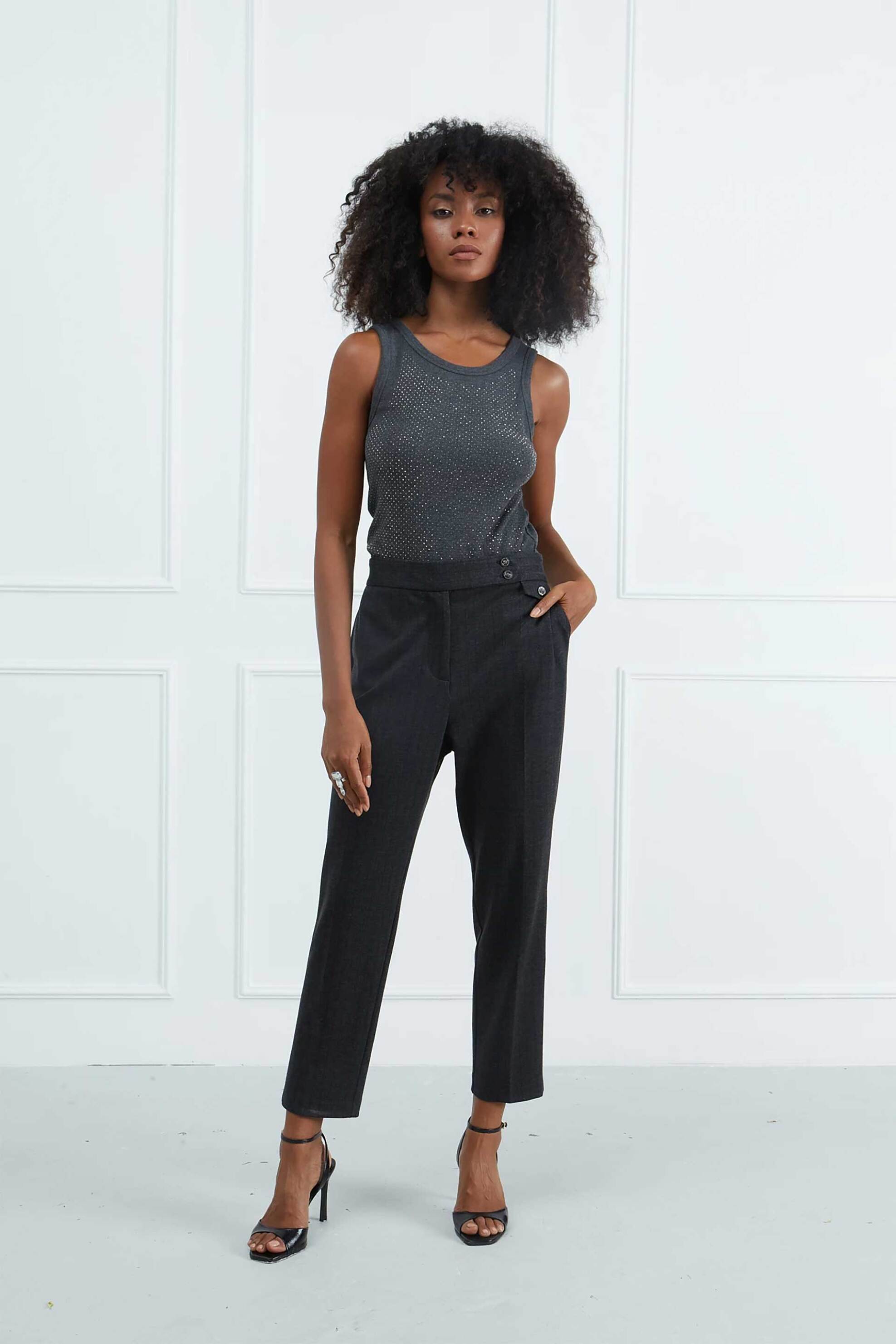 Sarah Lawrence γυναικείο παντελόνι ριγέ με λάστιχο στη μέση - 161-0215 Ανθρακί