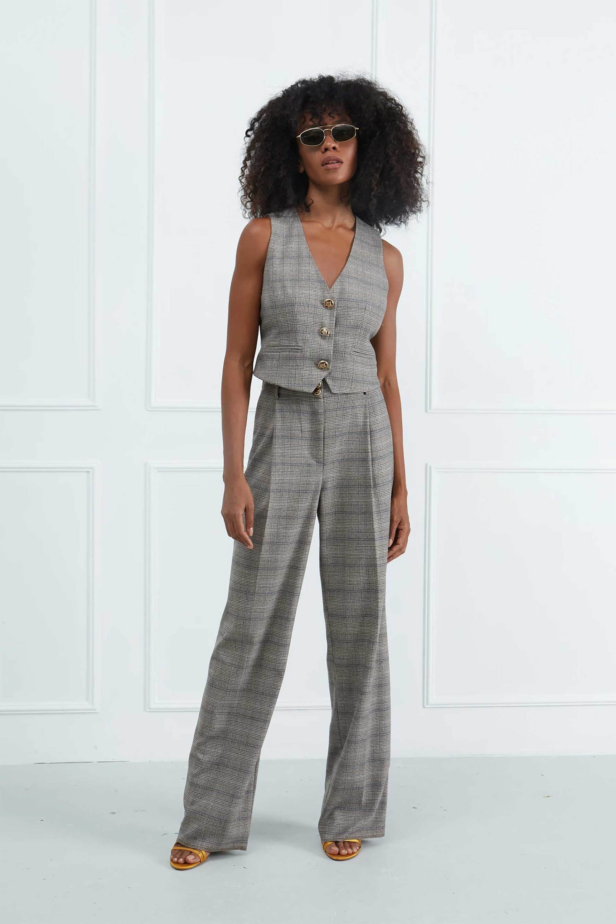 Sarah Lawrence γυναικείο παντελόνι καρό σε ίσια γραμμή - 161-0211 Μπεζ