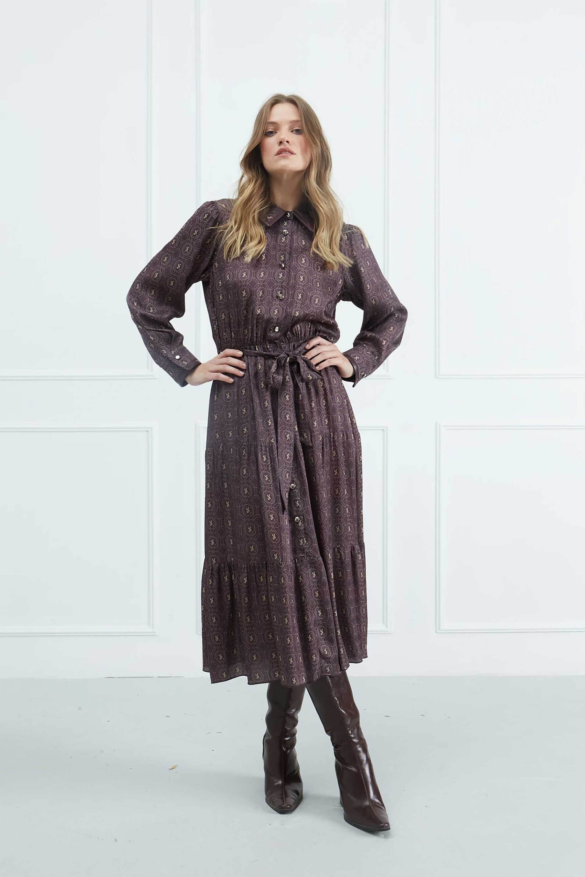 Sarah Lawrence γυναικείο midi φόρεμα εμπριμέ - 161-0404 Βυσσινί