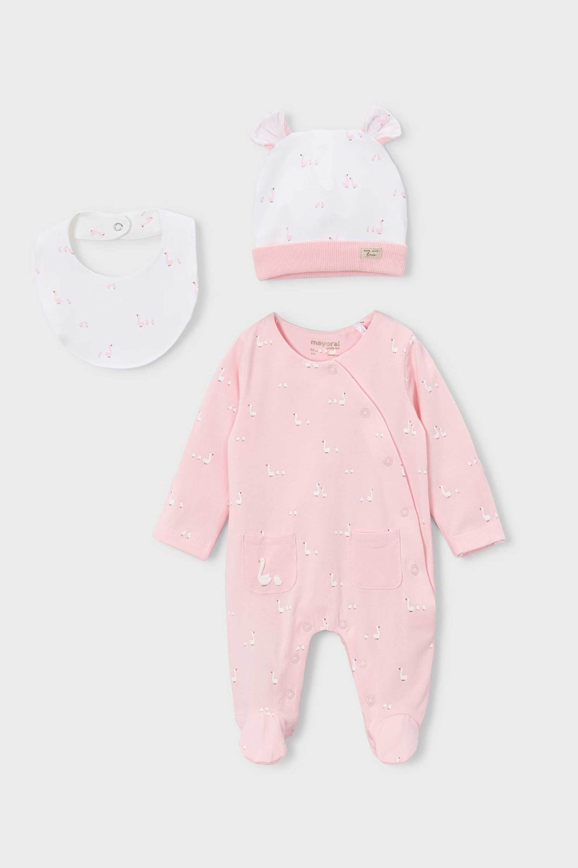 Mayoral βρεφικό σετ πιτζαμάκι με σαλιάρα και σκουφάκι (3 τεμάχια) - 1728-S26 Ροζ