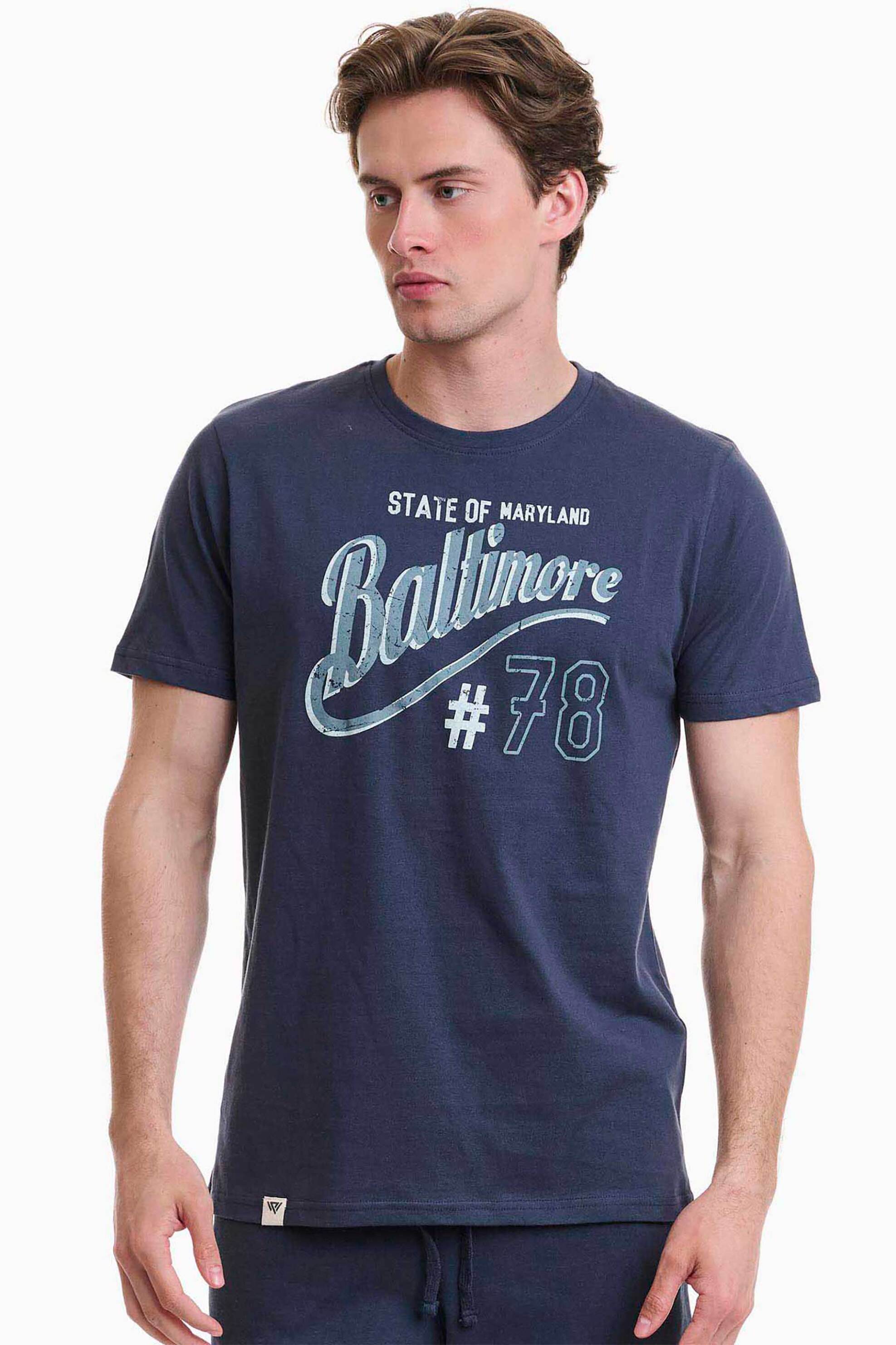 Walk ανδρικό βαμβακερό Τ-shirt με τύπωμα - W5200-9 Μπλε Σκούρο