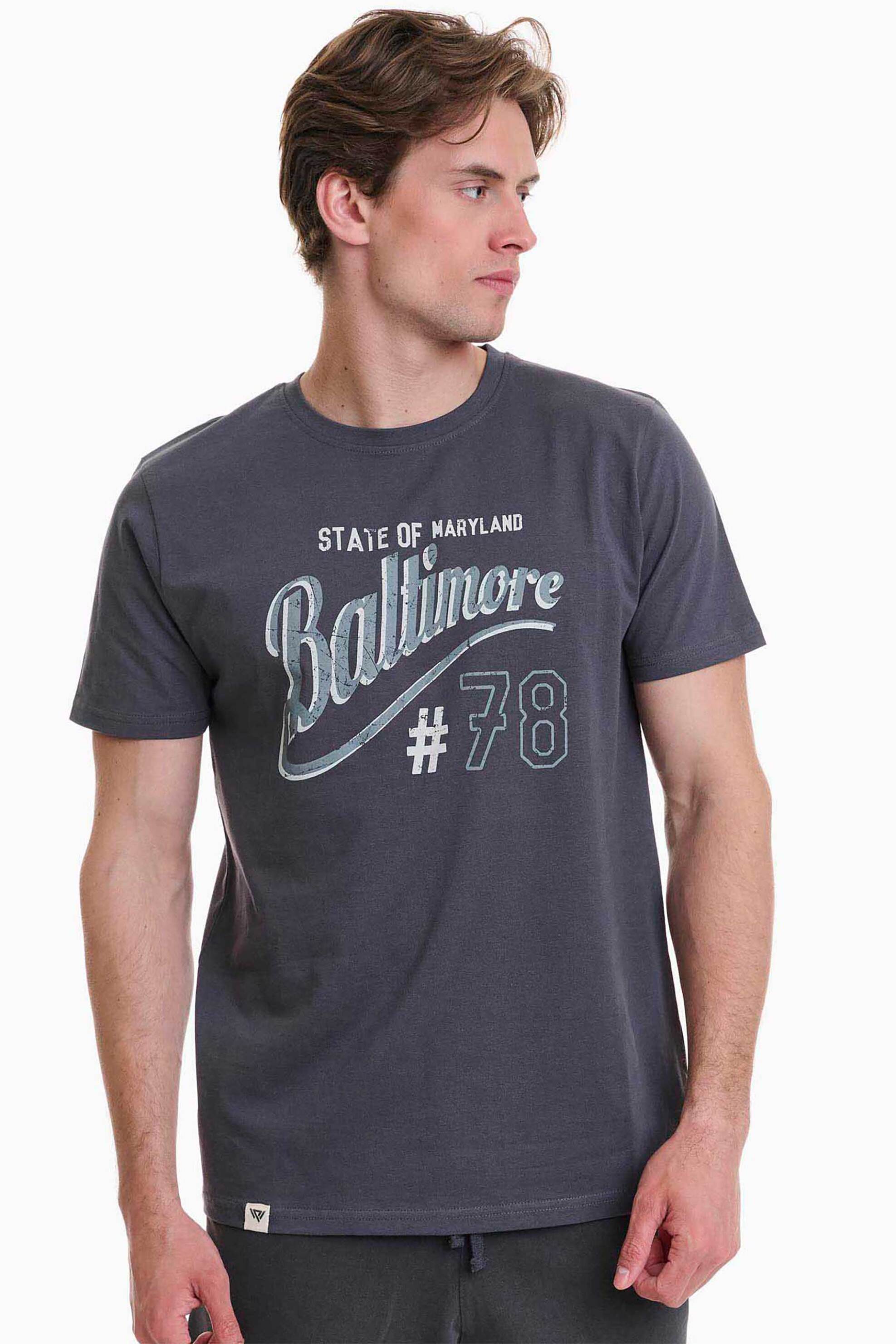 Walk ανδρικό βαμβακερό Τ-shirt με τύπωμα - W5200-9 Γκρι Σκούρο