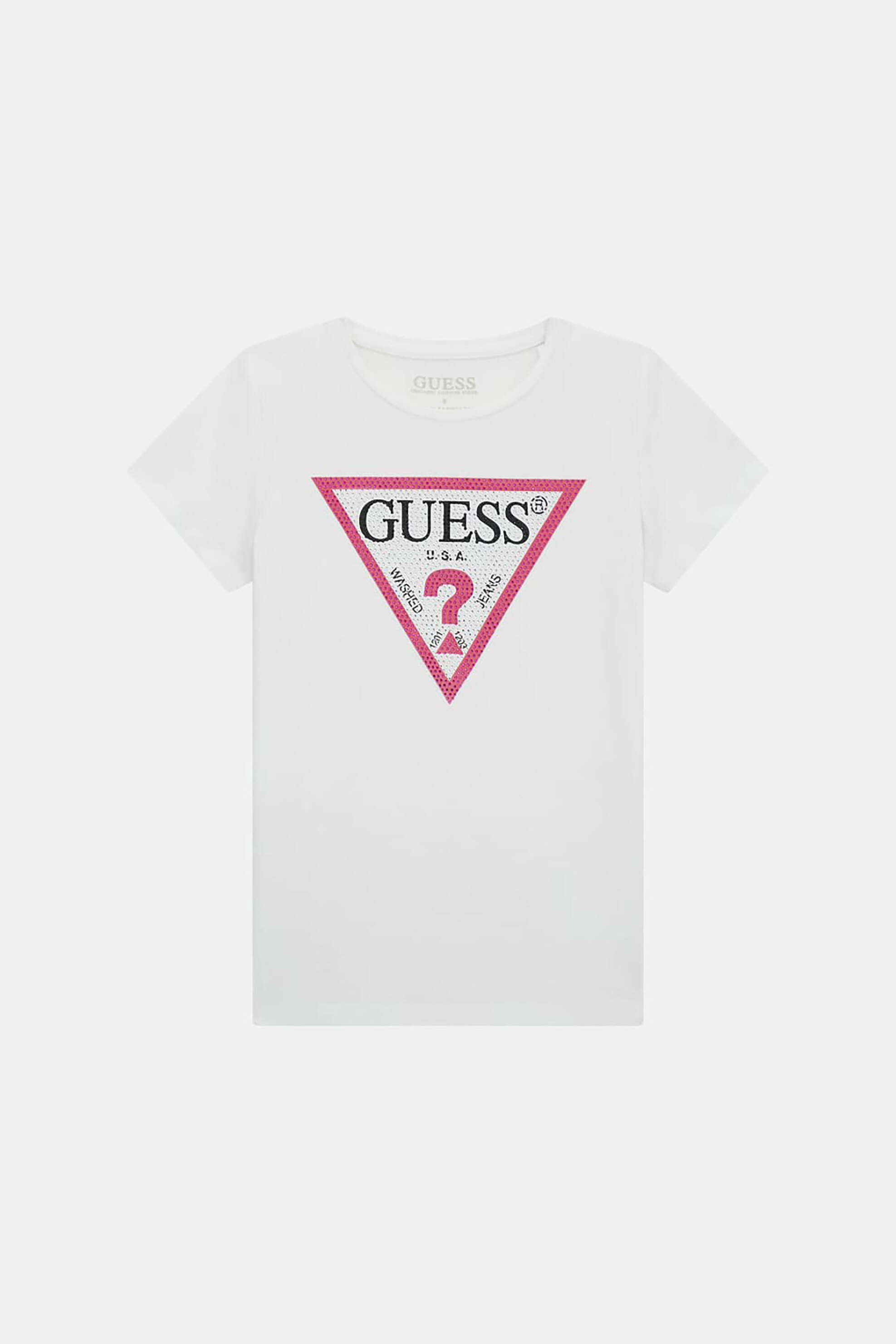 Guess παιδικό T-shirt με graphic logo print στο στήθος και διακοσμητικά στρας (8-10 ετών) - J2YI51K6YW1 Λευκό