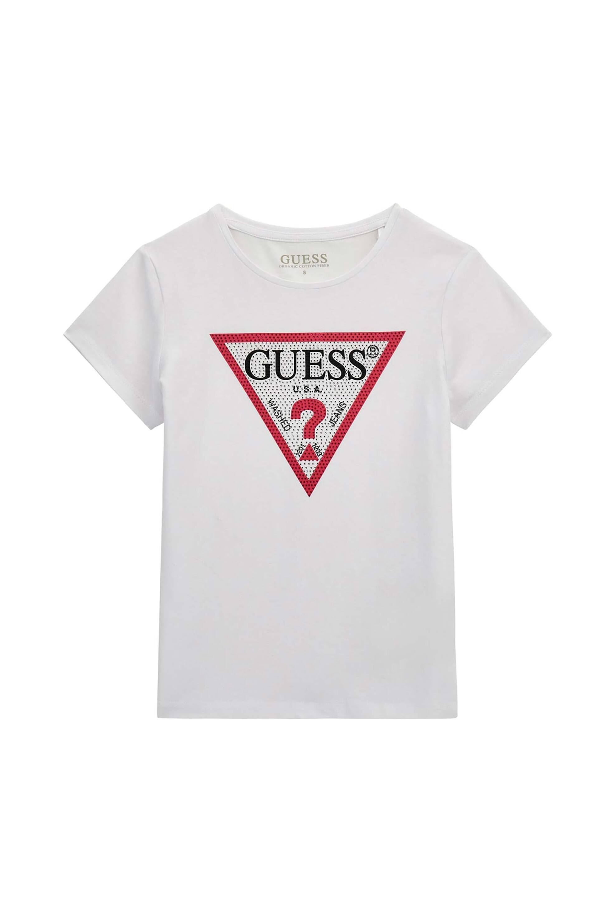 Guess παιδικό T-shirt με graphic logo print στο στήθος και διακοσμητικά στρας (8-10 ετών) - J2YI51K6YW1 Λευκό