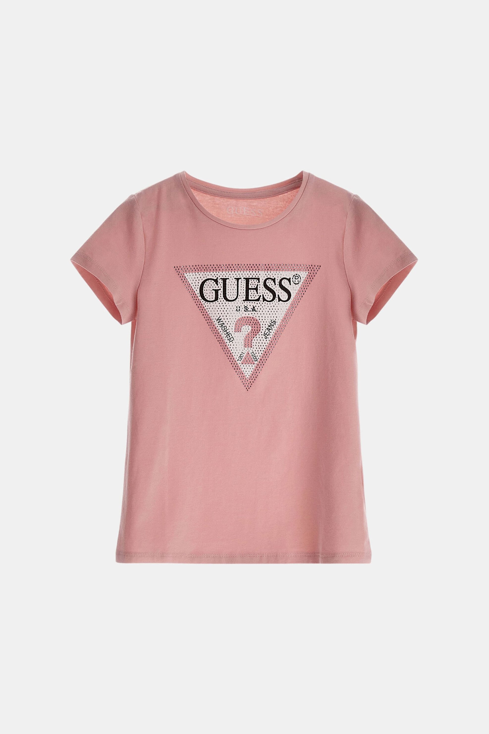 Guess παιδικό T-shirt με graphic logo print στο στήθος και διακοσμητικά στρας (8-10 ετών) - J2YI51K6YW1 Ροζ