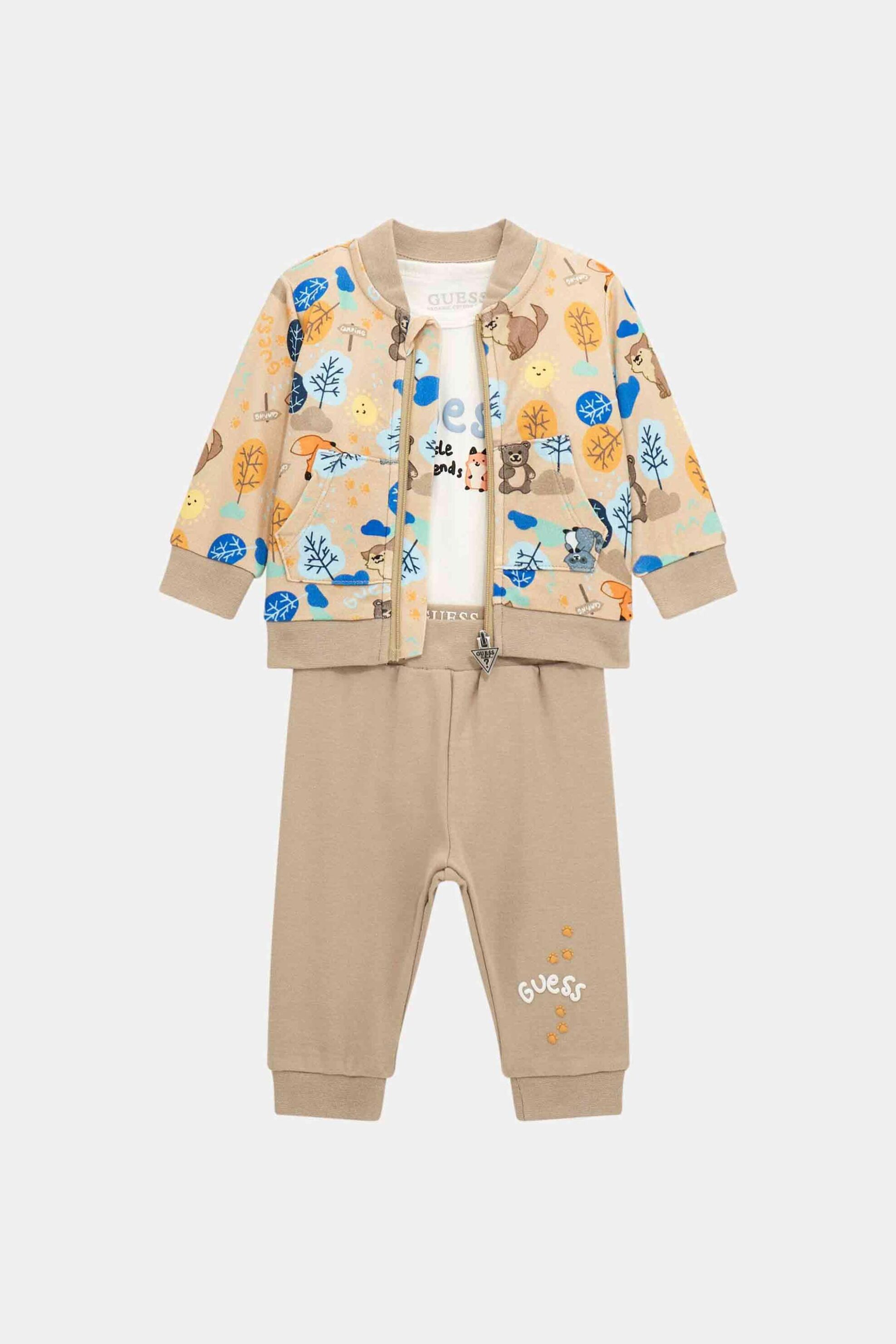 Guess βρεφικό σετ ρούχων με ζακέτα φούτερ παντελόνι φόρμας και φορμάκι με prints και λογότυπο - P4YG10KA6W4 Καφέ Ανοιχτό φωτογραφία