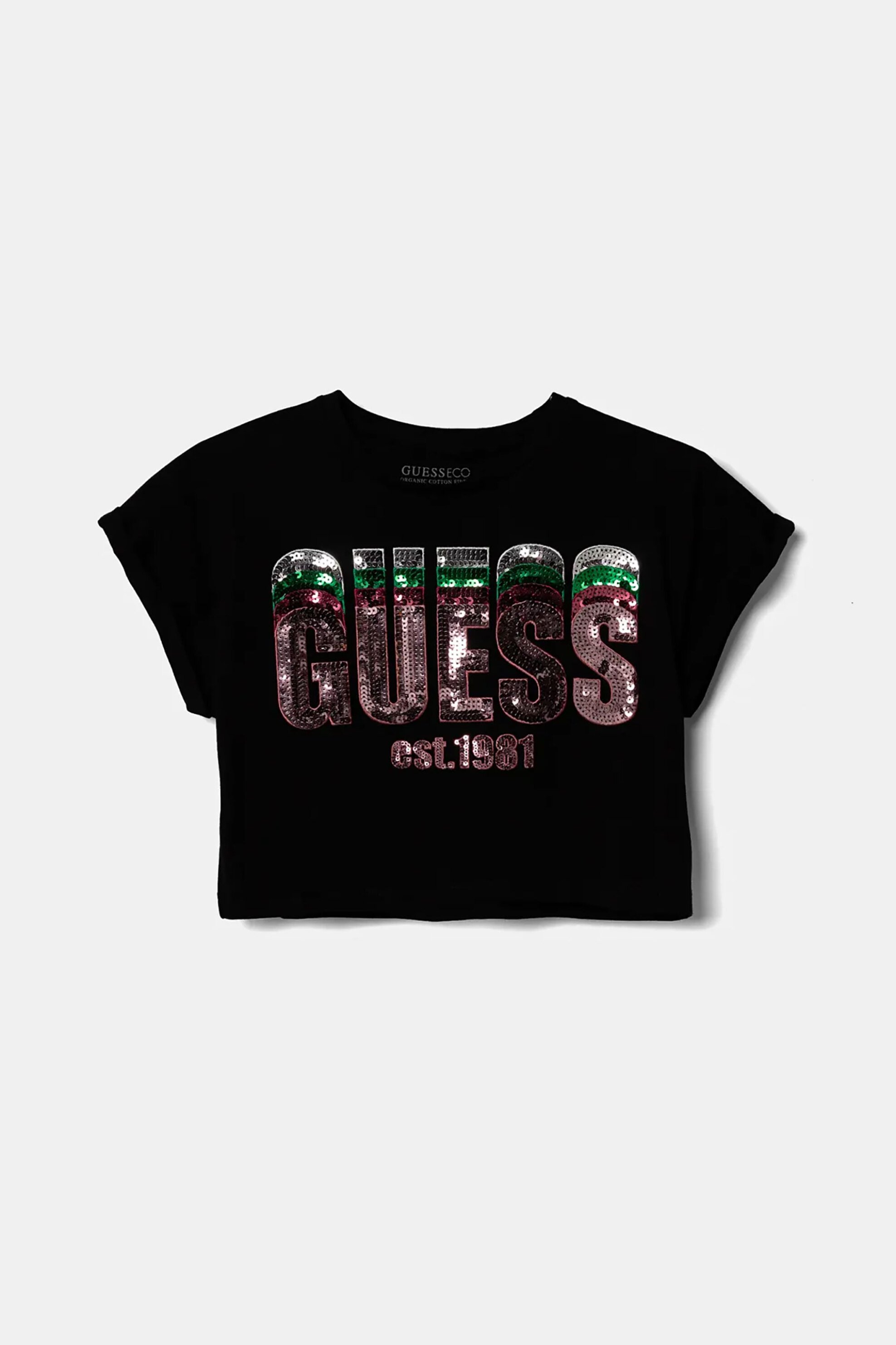 GUESS Guess παιδικό T-shirt με λογότυπο με παγιέτα cropped - J5RI10K8HM4 Μαύρο