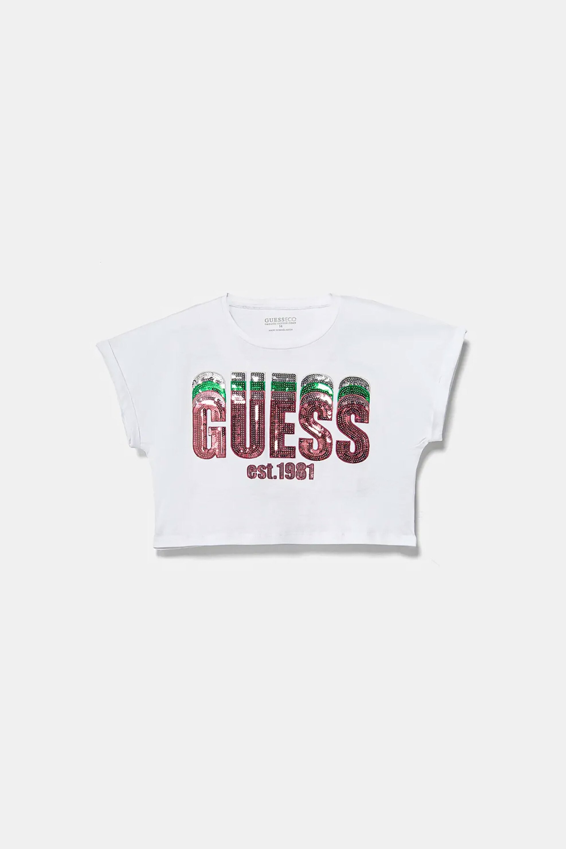 GUESS Guess παιδικό T-shirt με λογότυπο με παγιέτα cropped - J5RI10K8HM4 Λευκό