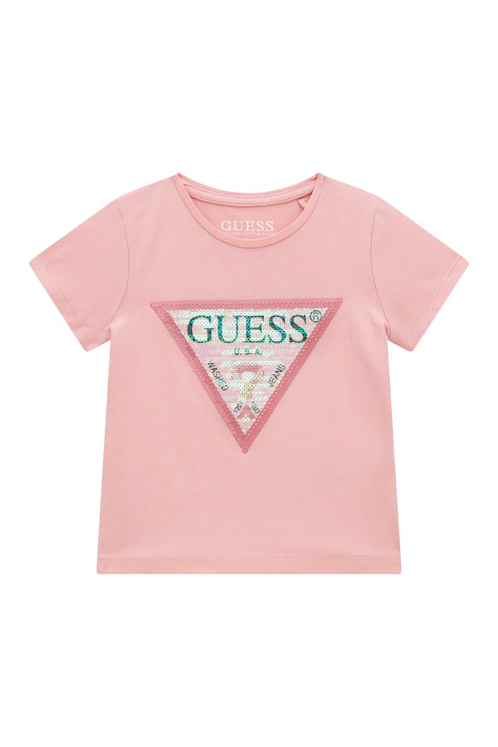 GUESS Guess γυναικείο T-shirt με ανάγλυφο λογότυπο με παγιέτα Regular Fit - K4RI31K6YW1 Ροζ