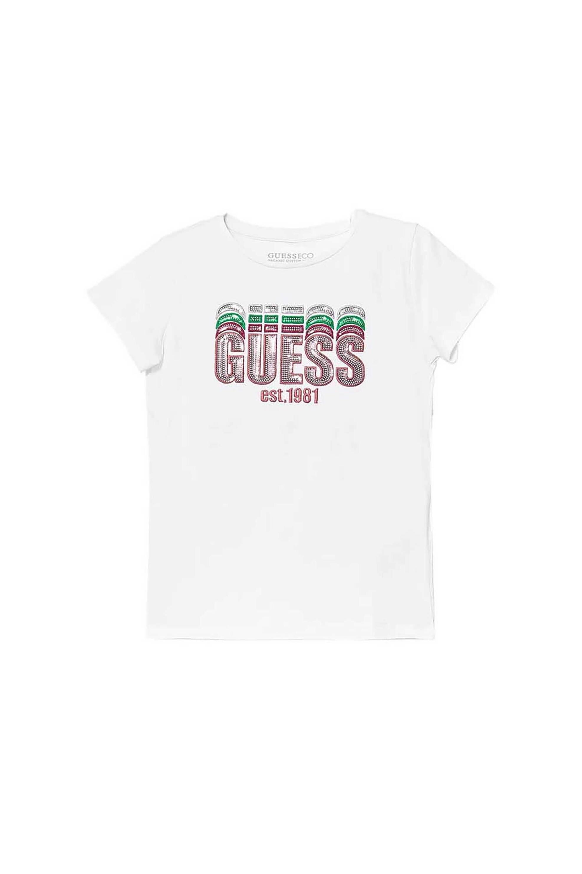 GUESS Guess παιδικό T-shirt με ανάγλυφο λογότυπο με παγιέτα - K5RI17K6YW4 Λευκό