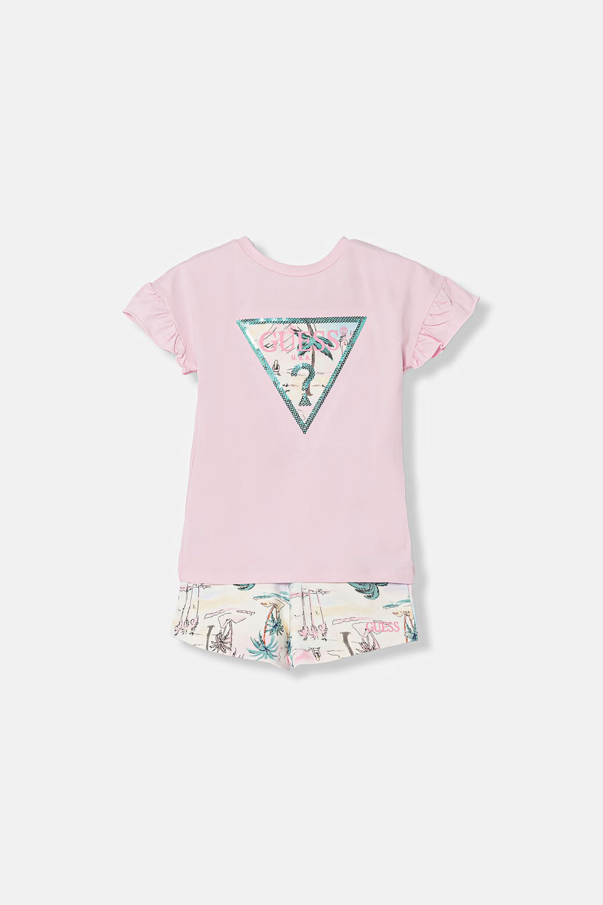 Guess παιδικό σετ μπλούζα και σορτς με logo print - K6GG02K6YW4 Ροζ
