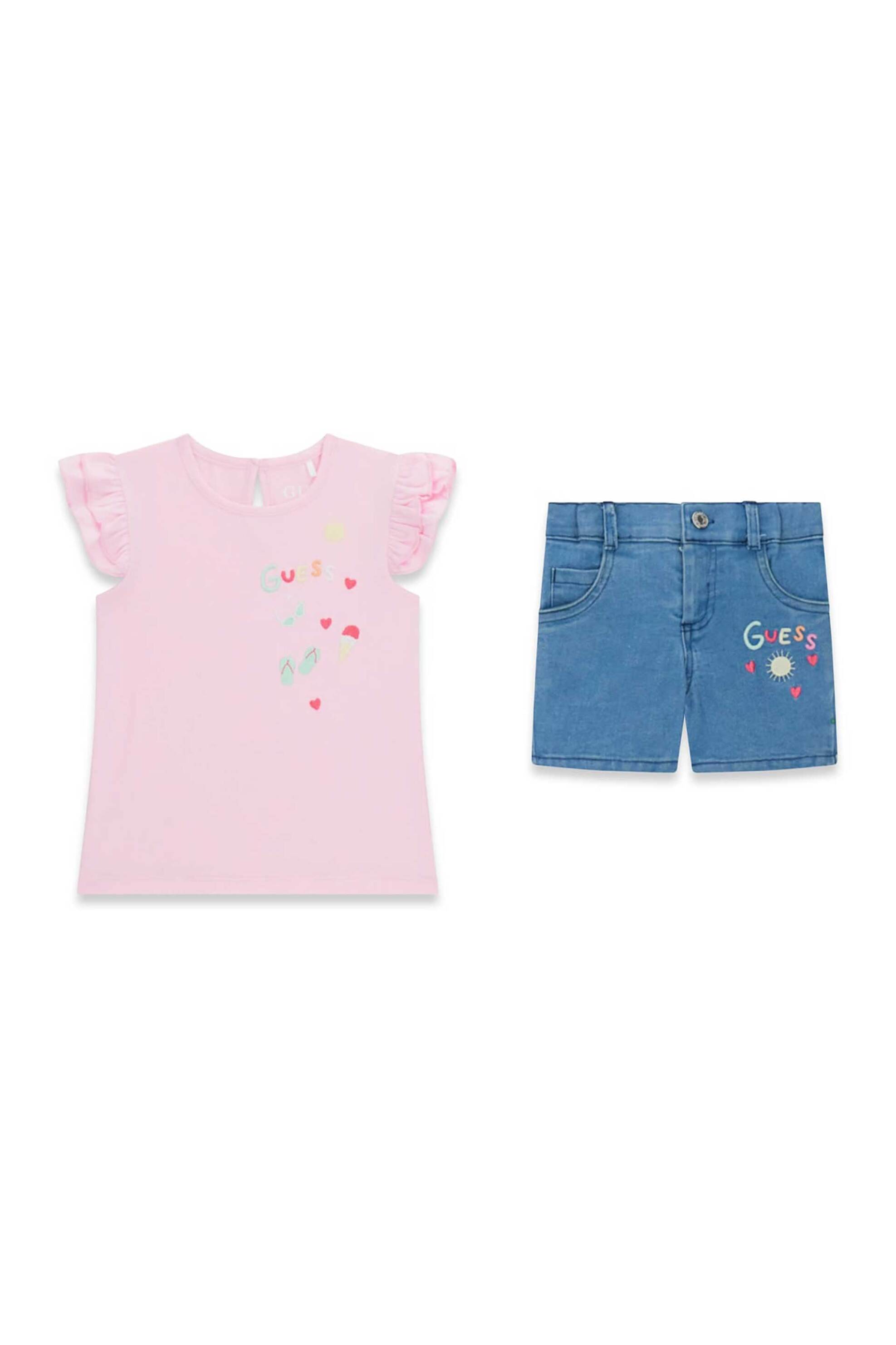Guess παιδικό σετ με T-shirt και σορτς denim (2 τεμάχια) - K6GG03K6YW0 Ροζ