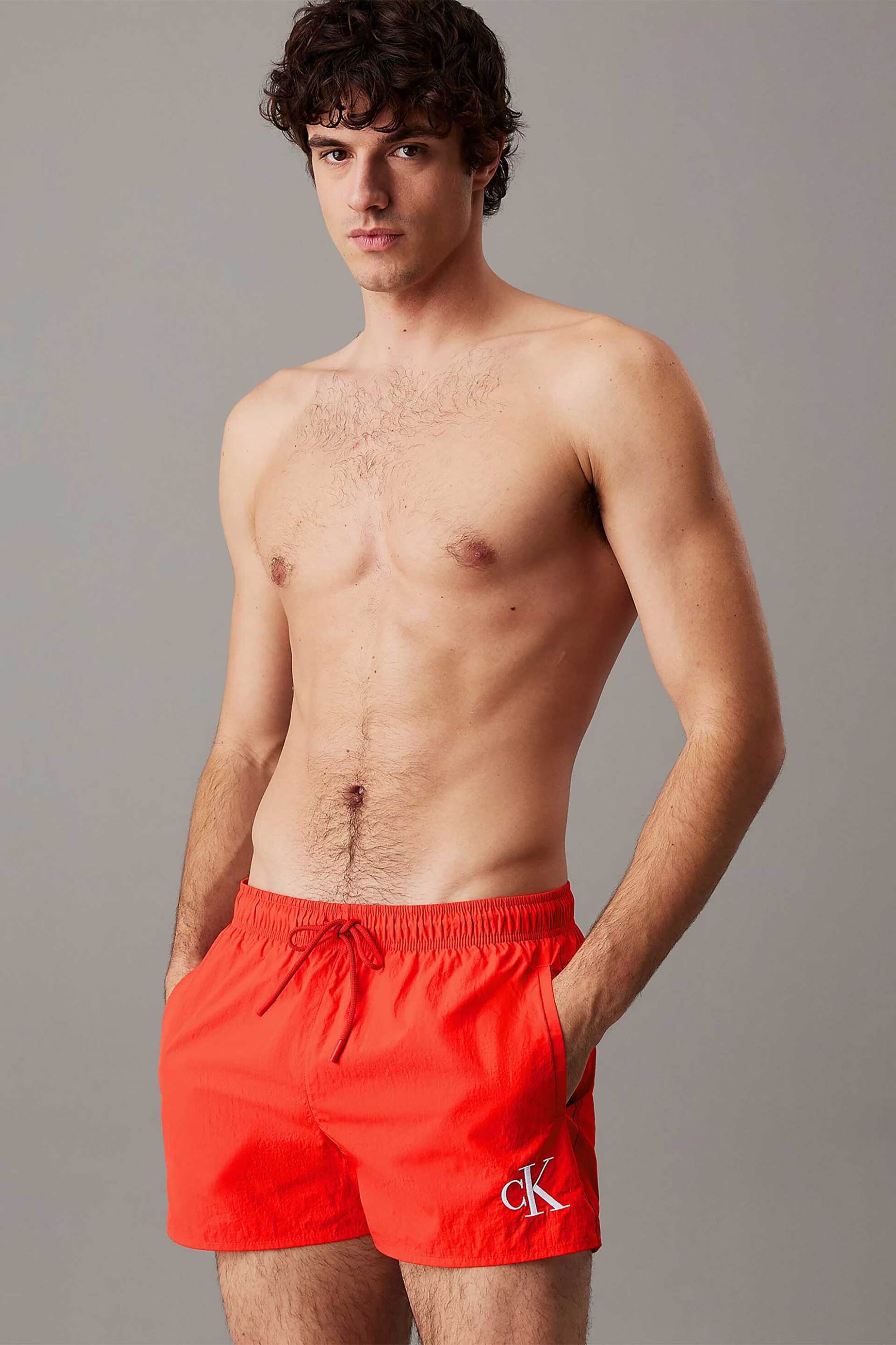 Calvin Klein ανδρικό μαγιό μονόχρωμο με λογότυπο - KM0KM01100 Κόκκινο