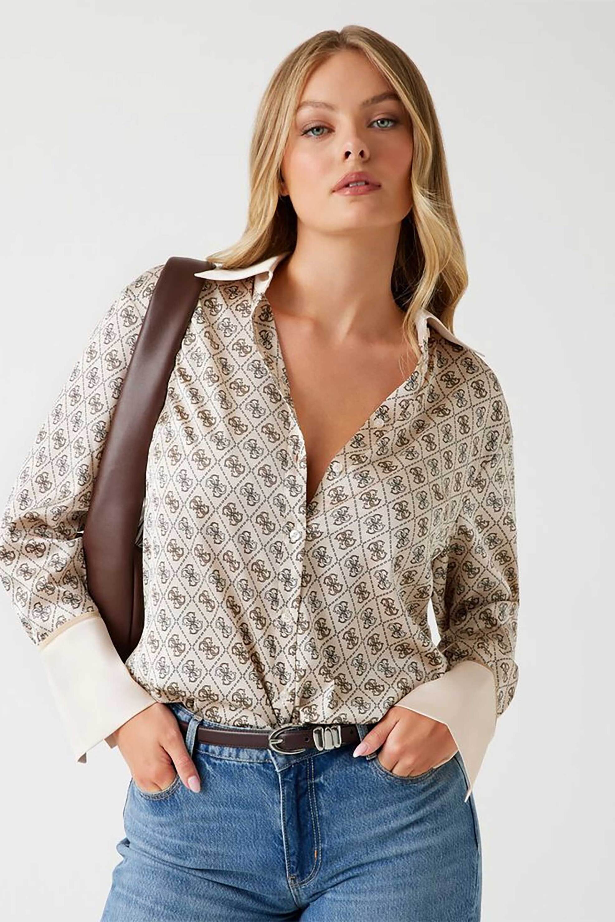 Guess γυναικείο πουκάμισο με all-over print Regular Fit "Alexandra" - W4YH47WF1T2 Κρέμ