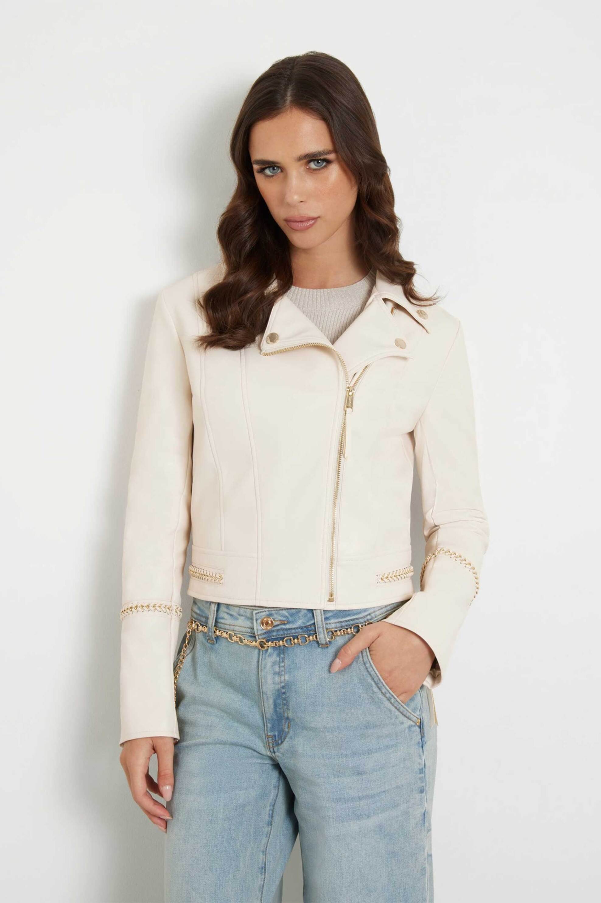 GUESS Guess γυναικείο μπουφάν biker με χρυσές λεπτομέρειες - W4YL21WE480 Κρέμ