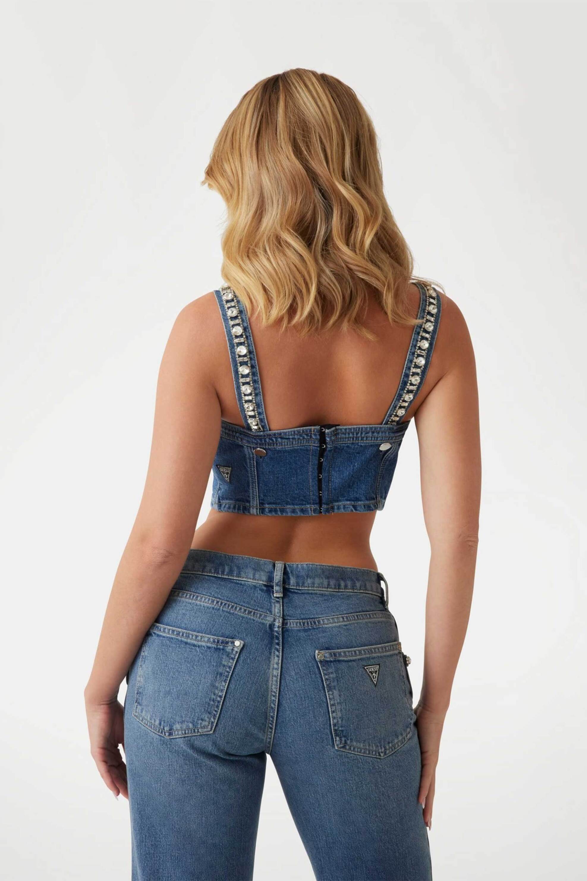 GUESS Guess γυναικείο denim αμάνικο τοπ με διακοσμητικές πέτρες και λογότυπο - W5RH03D5ACC Denim Blue - 3