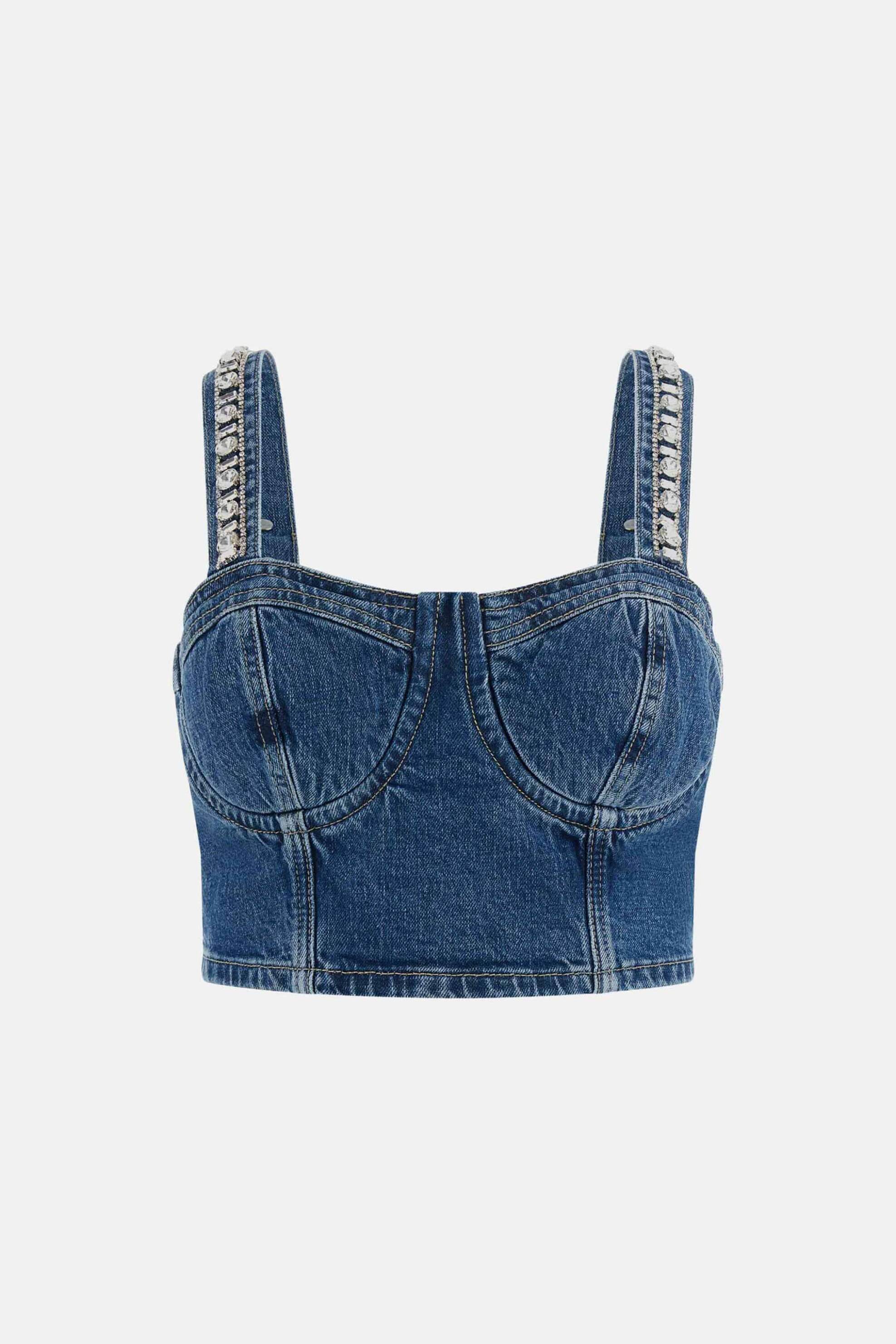 GUESS Guess γυναικείο denim αμάνικο τοπ με διακοσμητικές πέτρες και λογότυπο - W5RH03D5ACC Denim Blue - 4