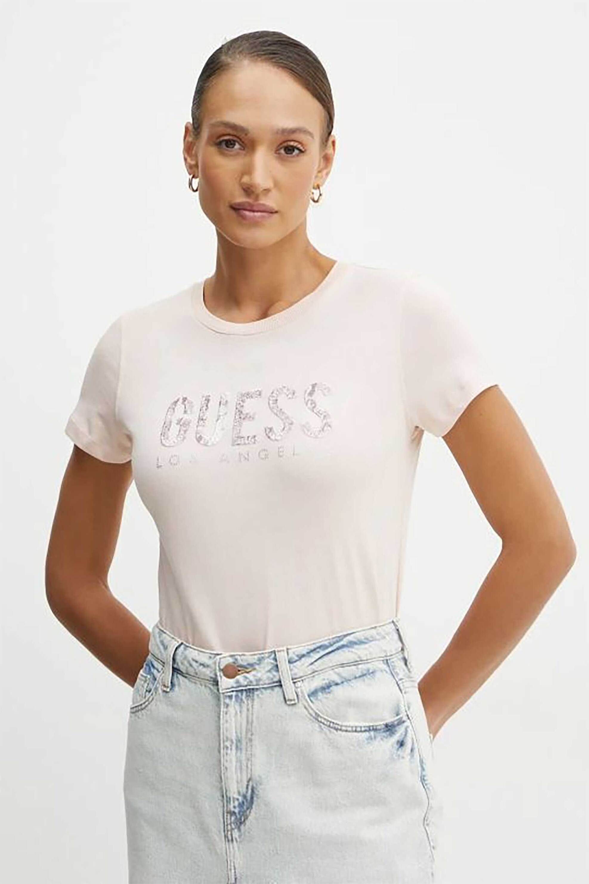 Guess Guess γυναικείο T-shirt με λογότυπο με παγιέτα και στρας - W5RI19I3Z14 Ροζ Ανοιχτό 2025