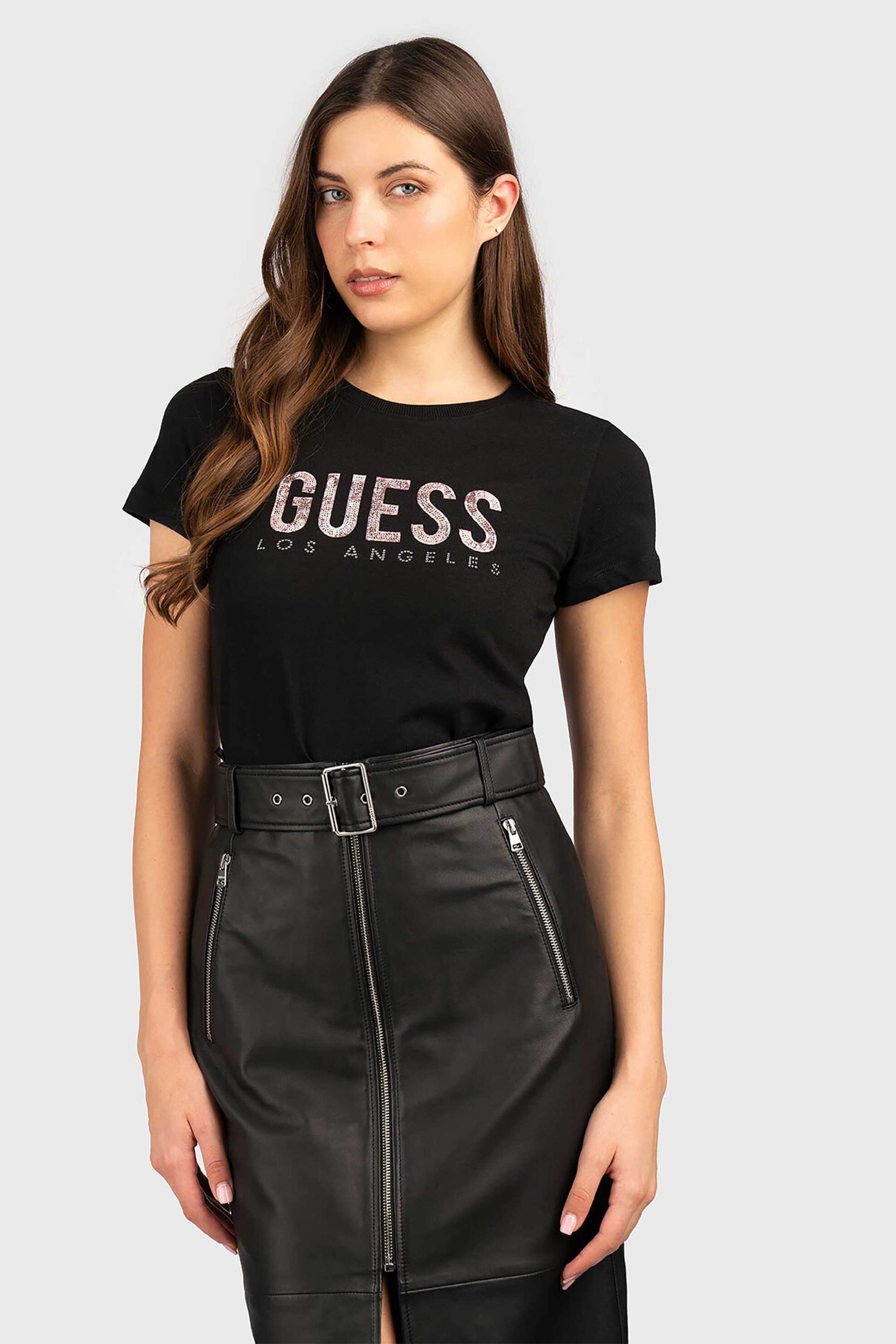 Guess Guess γυναικείο T-shirt με λογότυπο με παγιέτα και στρας - W5RI19I3Z14 Μαύρο 2025