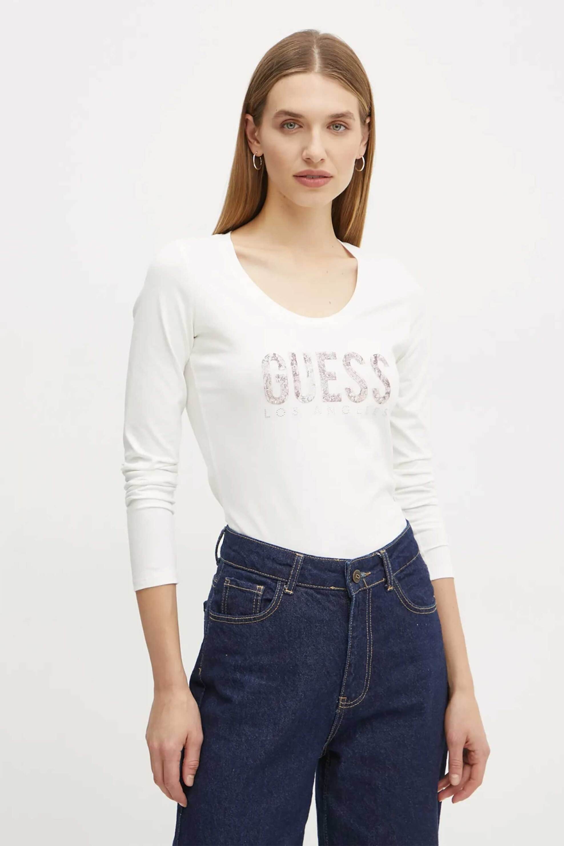 Guess γυναικεία μπλούζα με λογότυπο με παγιέτα και στρας - W5RI66I3Z14 Λευκό