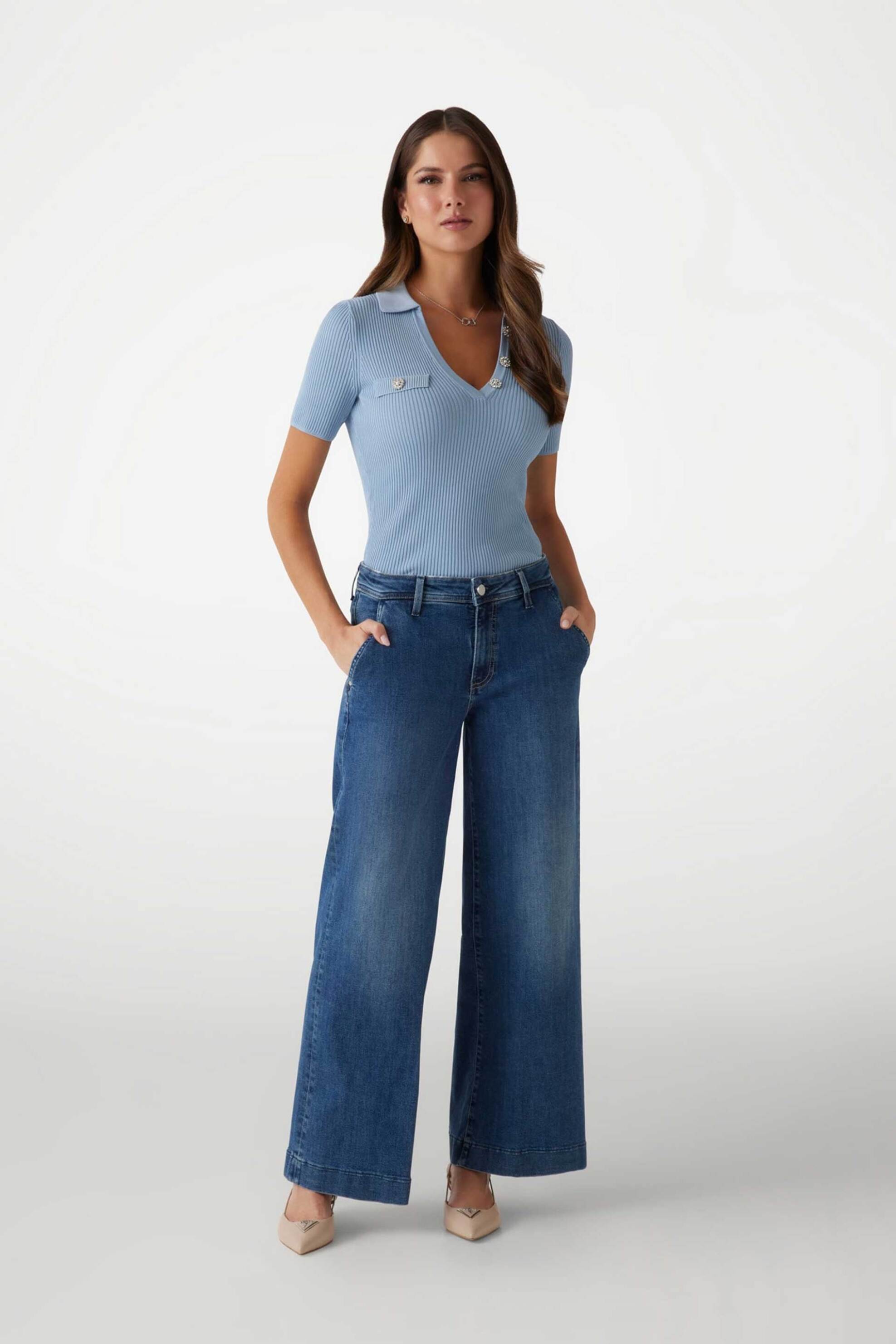 Guess Guess γυναικείο τζιν παντελόνι με κεντημένο logo patch Wide Leg 