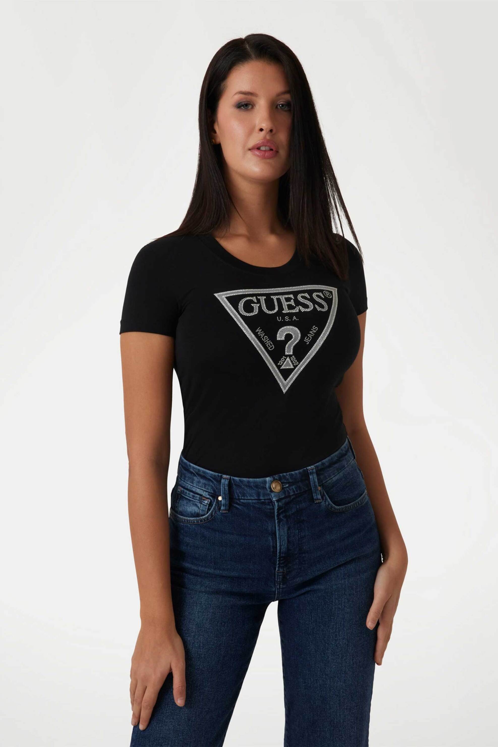 Guess Guess γυναικείο T-shirt με λογότυπο με στρας Slim Fit - W5RI11J1314 Μαύρο 2025