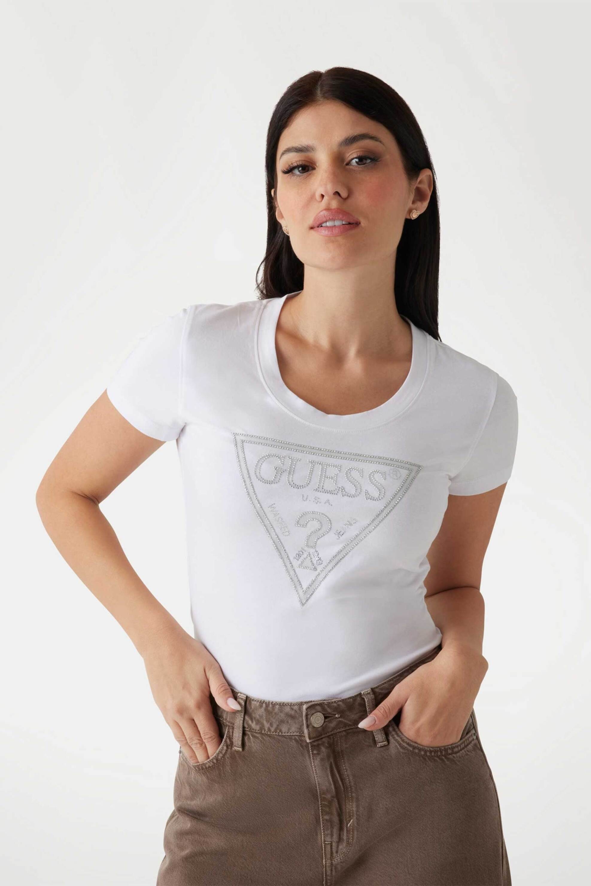 Guess Guess γυναικείο T-shirt με λογότυπο με στρας Slim Fit - W5RI11J1314 Λευκό 2025