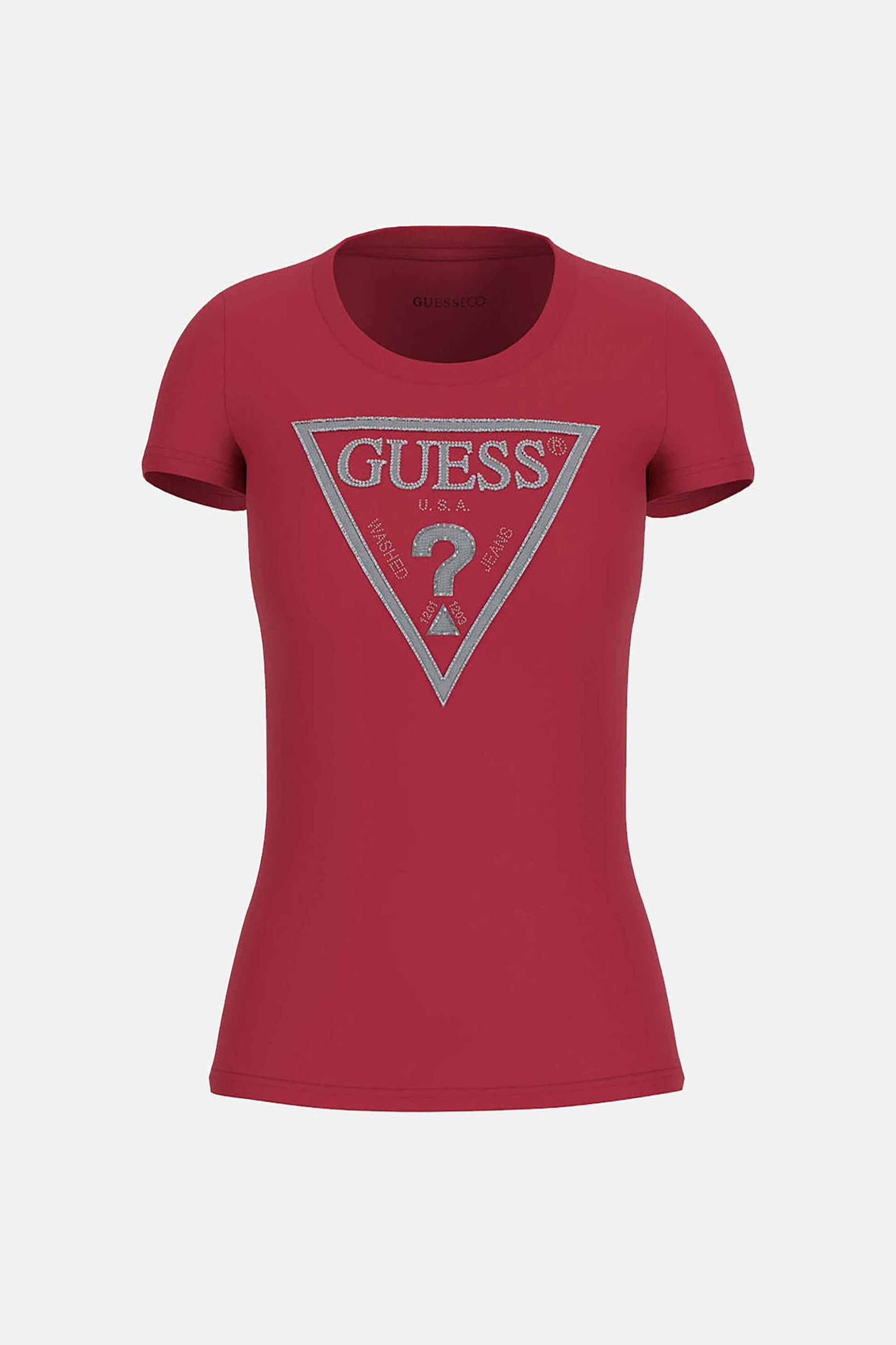 Guess Guess γυναικείο T-shirt με λογότυπο με στρας Slim Fit - W5RI11J1314 Κόκκινο 2025