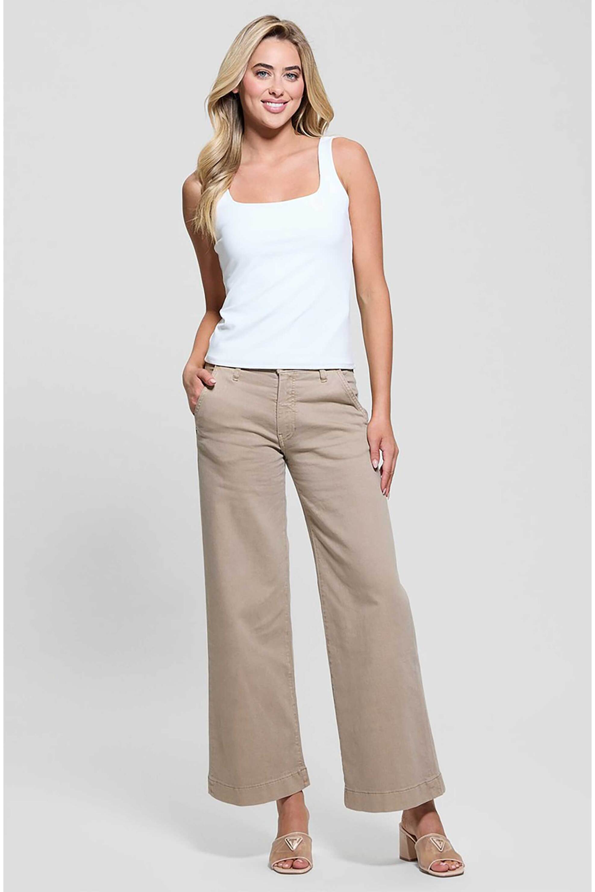 GUESS Guess γυναικείο παντελόνι με λογότυπο Wide Leg "Zoya" - W5RA1LWFXVA Μπεζ
