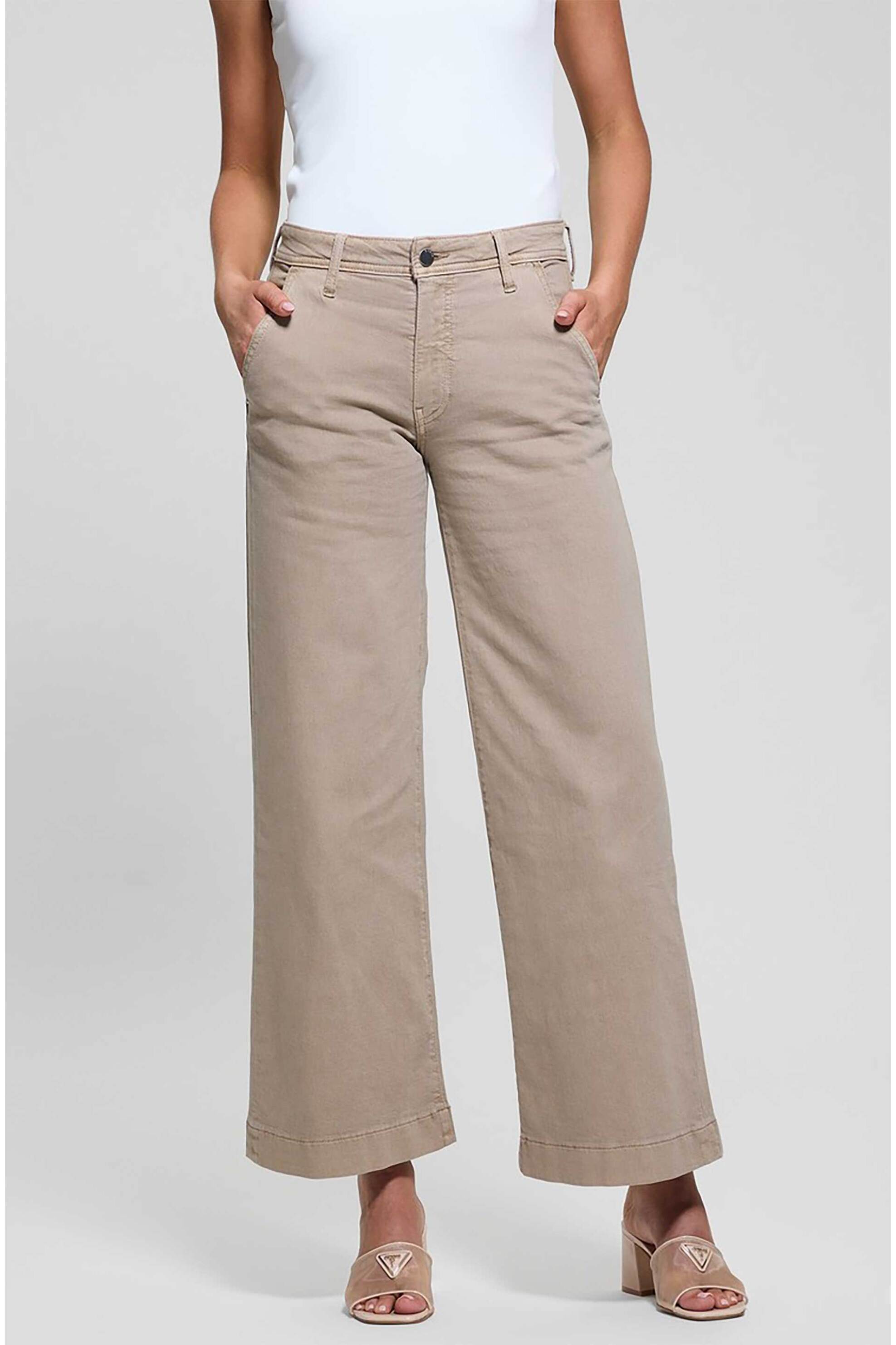 Guess γυναικείο παντελόνι με λογότυπο Wide Leg "Zoya" - W5RA1LWFXVA Μπεζ φωτογραφία
