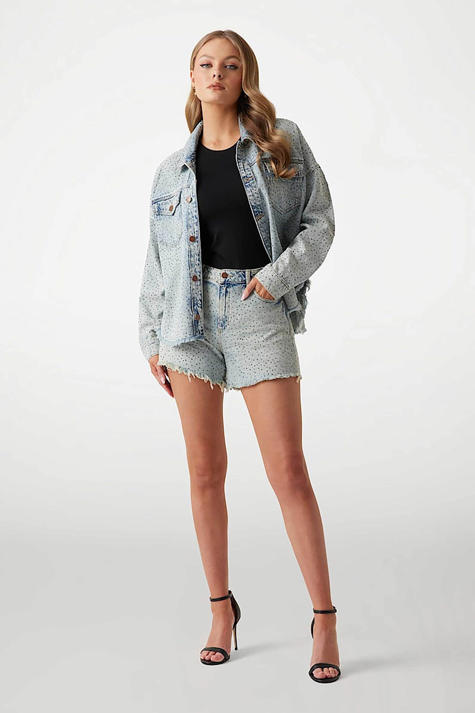Guess γυναικείο denim σορτς πεντάτσεπο με στρας Relaxed Fit - W5GD74D5LQ2 Denim Blue Ανοιχτό