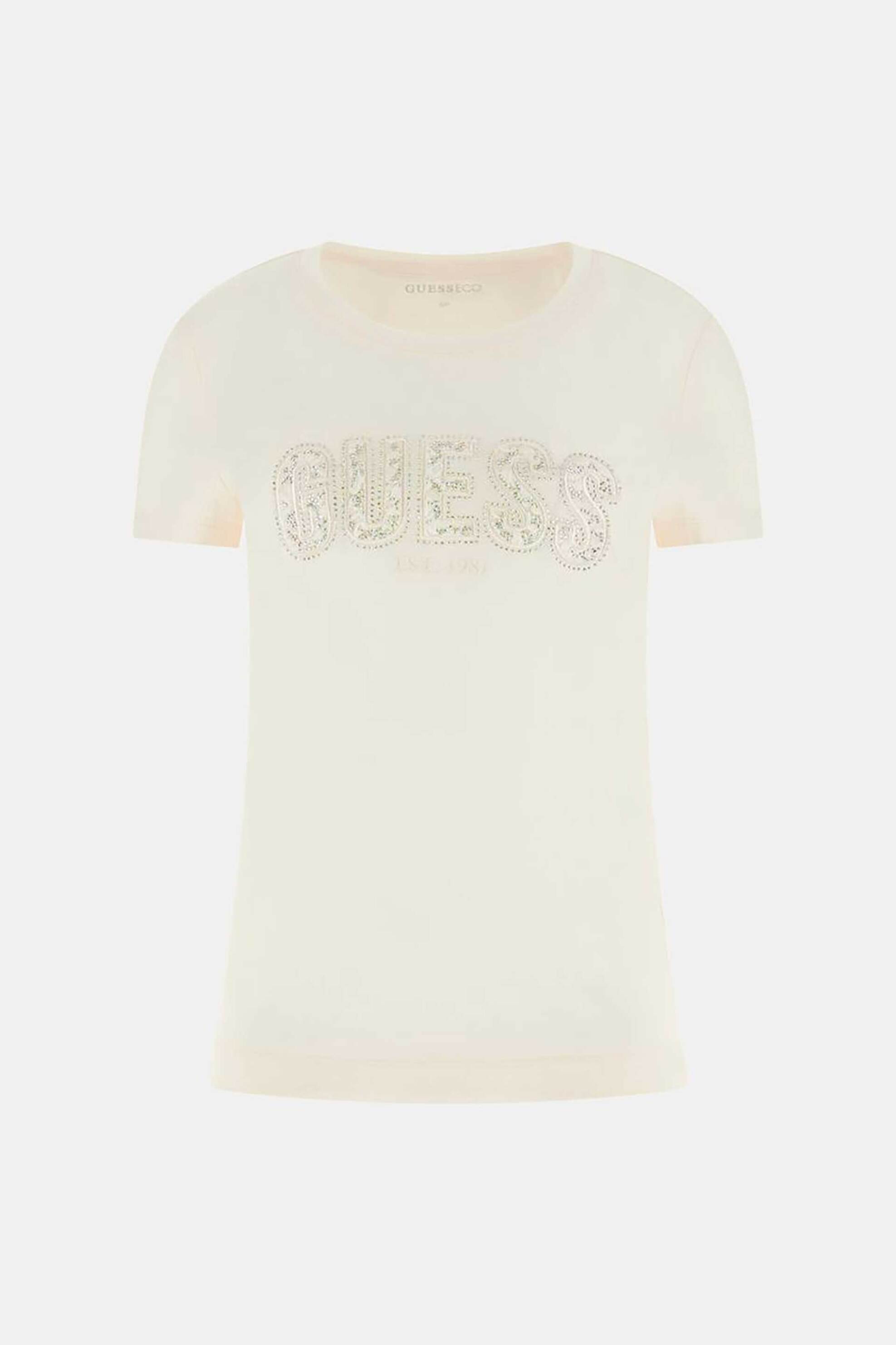 Guess Γυναικείο T-Shirt με Λογότυπο από Στρας Slim Fit - W5Gi04J1314 Κρέμ