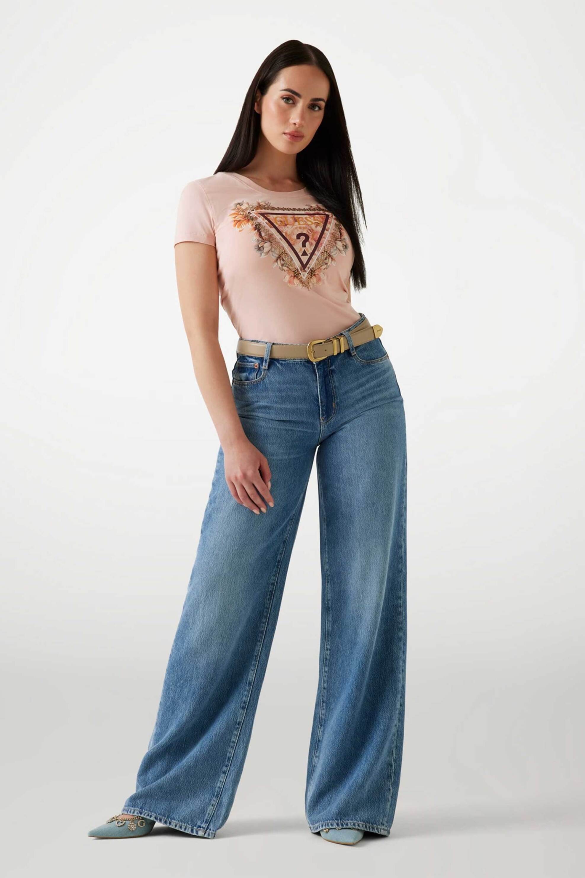 Guess γυναικείο T-shirt με ανάγλυφο λογότυπο και floral print Slim Fit - W5YI08J1314 Ροζ φωτογραφία