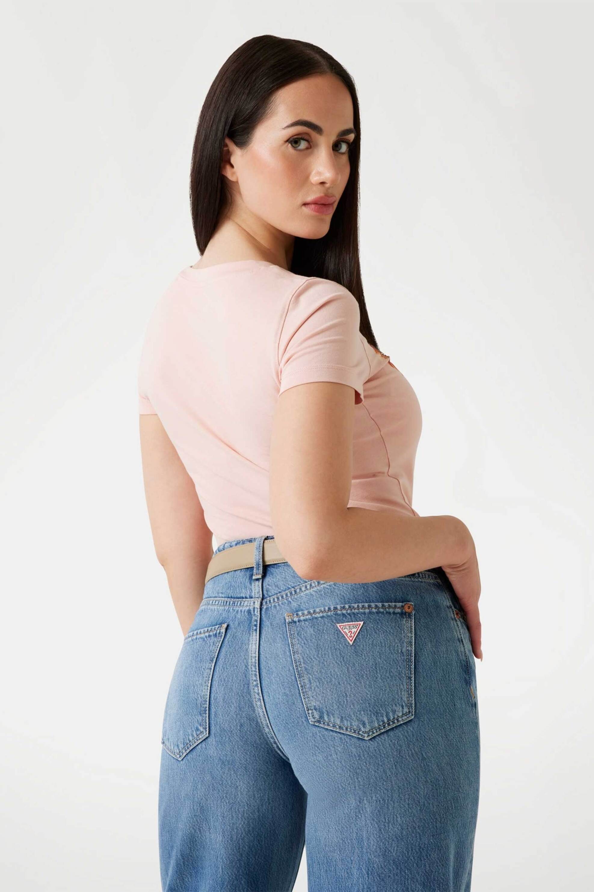 Guess γυναικείο T-shirt με ανάγλυφο λογότυπο και floral print Slim Fit - W5YI08J1314 Ροζ φωτογραφία