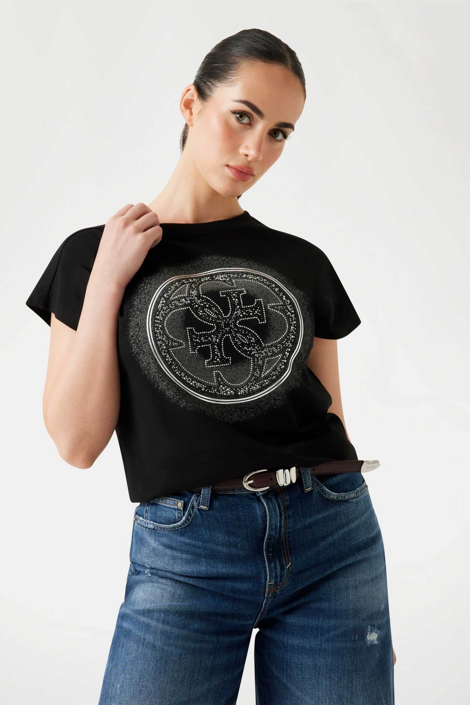Guess γυναικείο T-shirt με ανάγλυφο λογότυπο από στρας Slim Fit - W5YI14I3Z14 Μαύρο