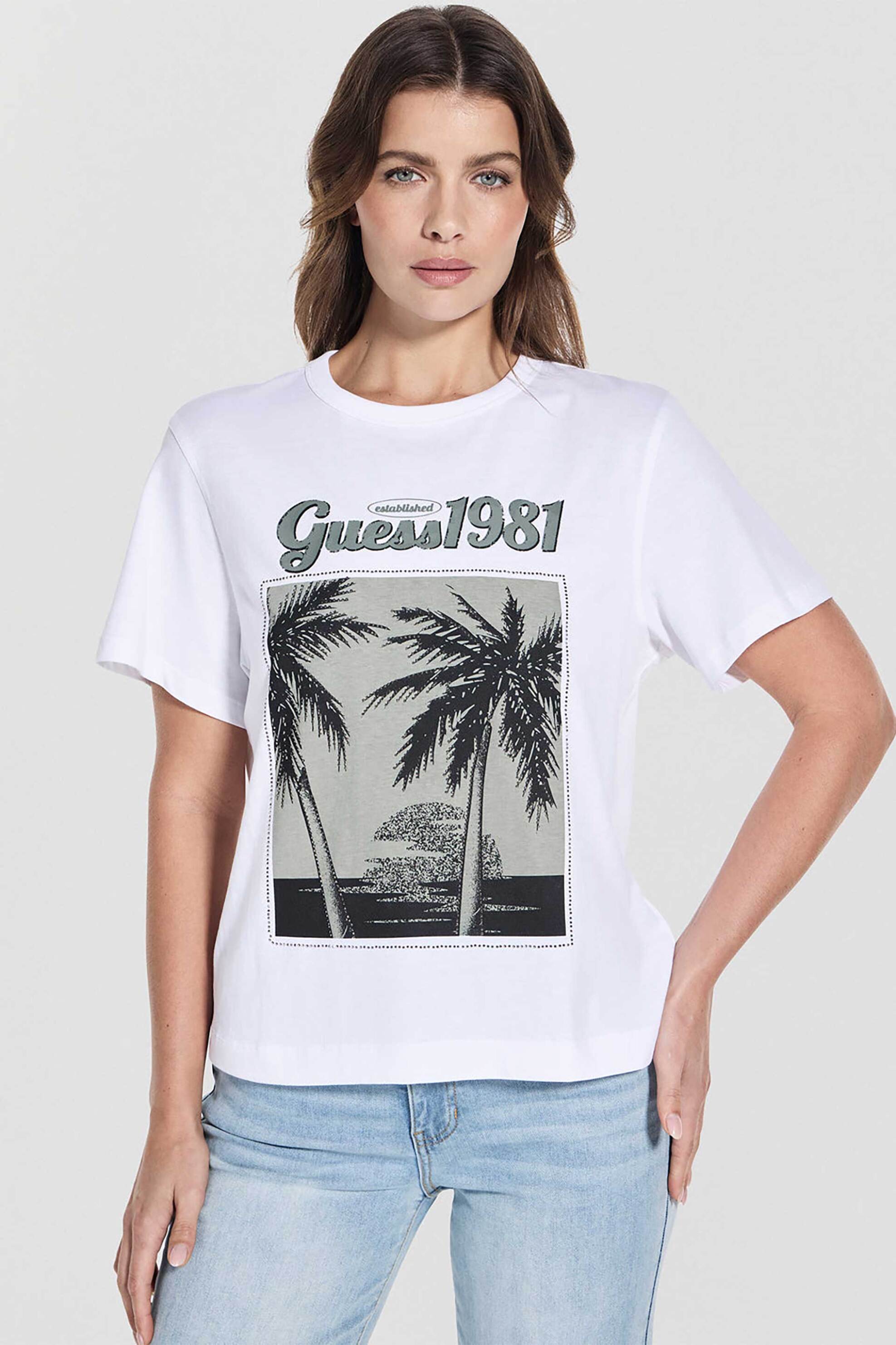 GUESS Guess γυναικείο T-shirt με ανάγλυφο λογότυπο και floral print Relaxed Fit - W5YI17I3Z14 Λευκό