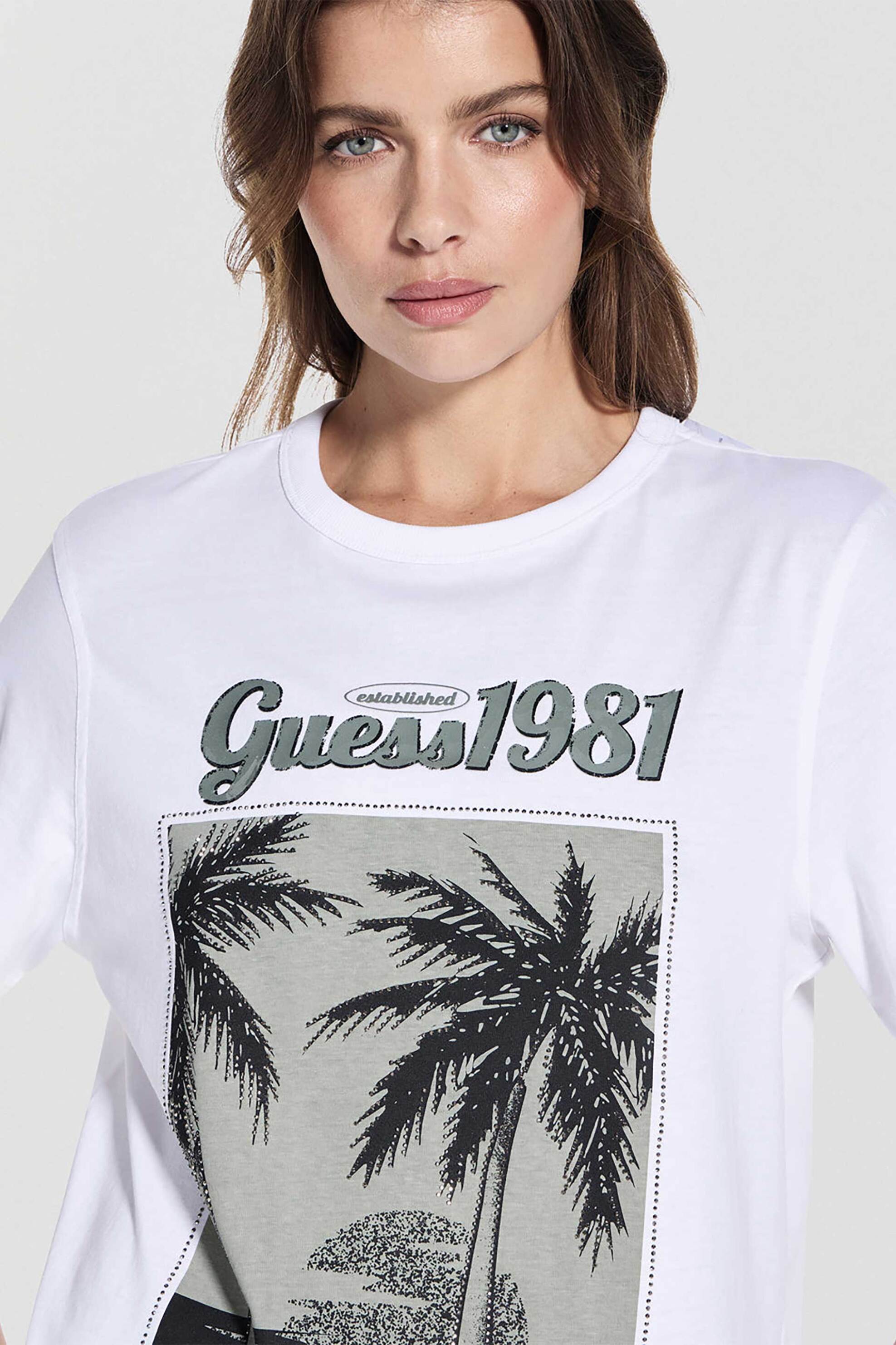 Guess γυναικείο T-shirt με ανάγλυφο λογότυπο και floral print Relaxed Fit - W5YI17I3Z14 Λευκό φωτογραφία
