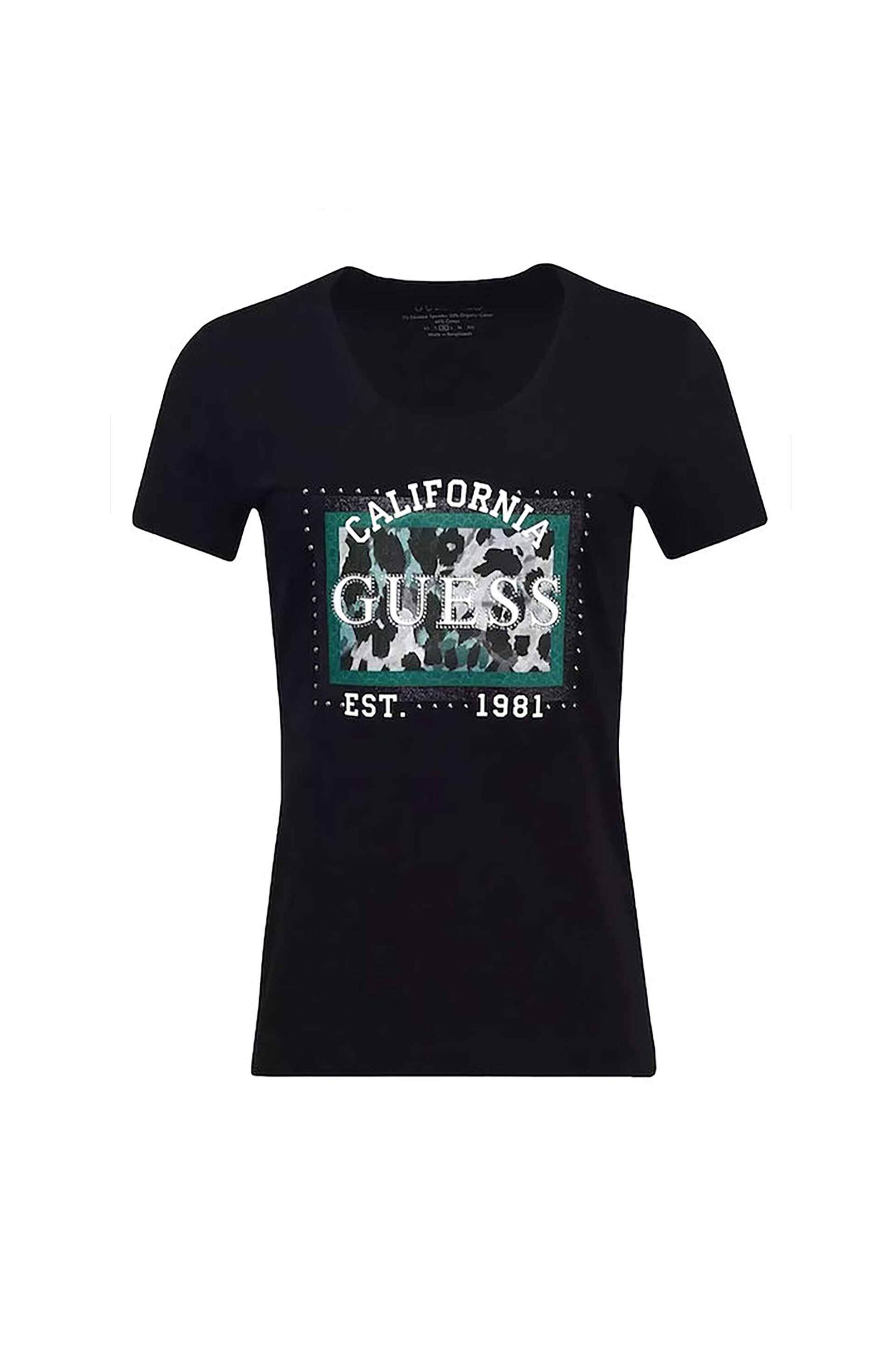 Guess γυναικείο T-shirt με ανάγλυφο λογότυπο και animal print Regular Fit - W5YI27J1314 Μαύρο