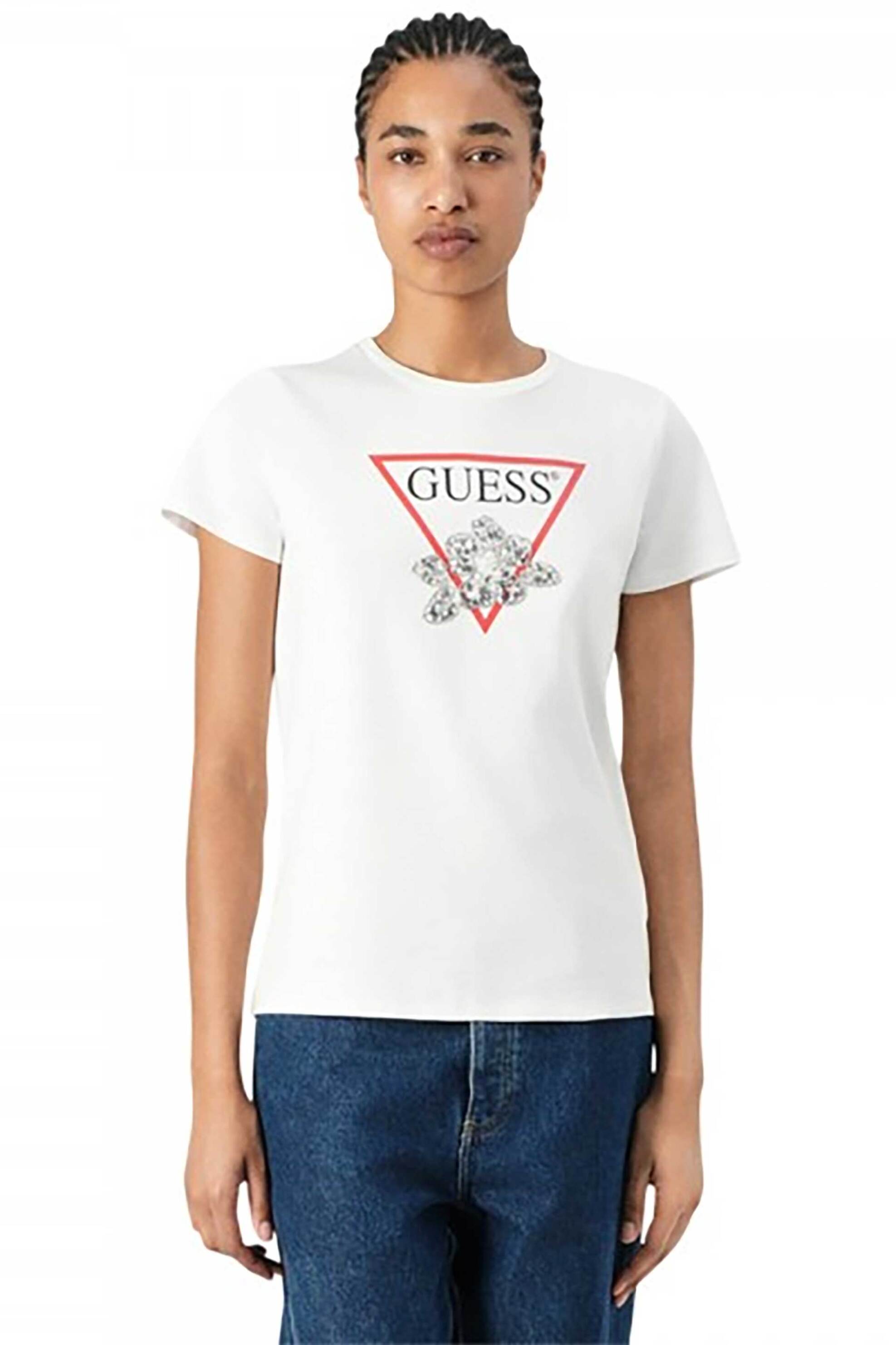 Guess γυναικείο T-shirt με ανάγλυφο λογότυπο και floral print Relaxed Fit - W5YI38I3Z14 Λευκό