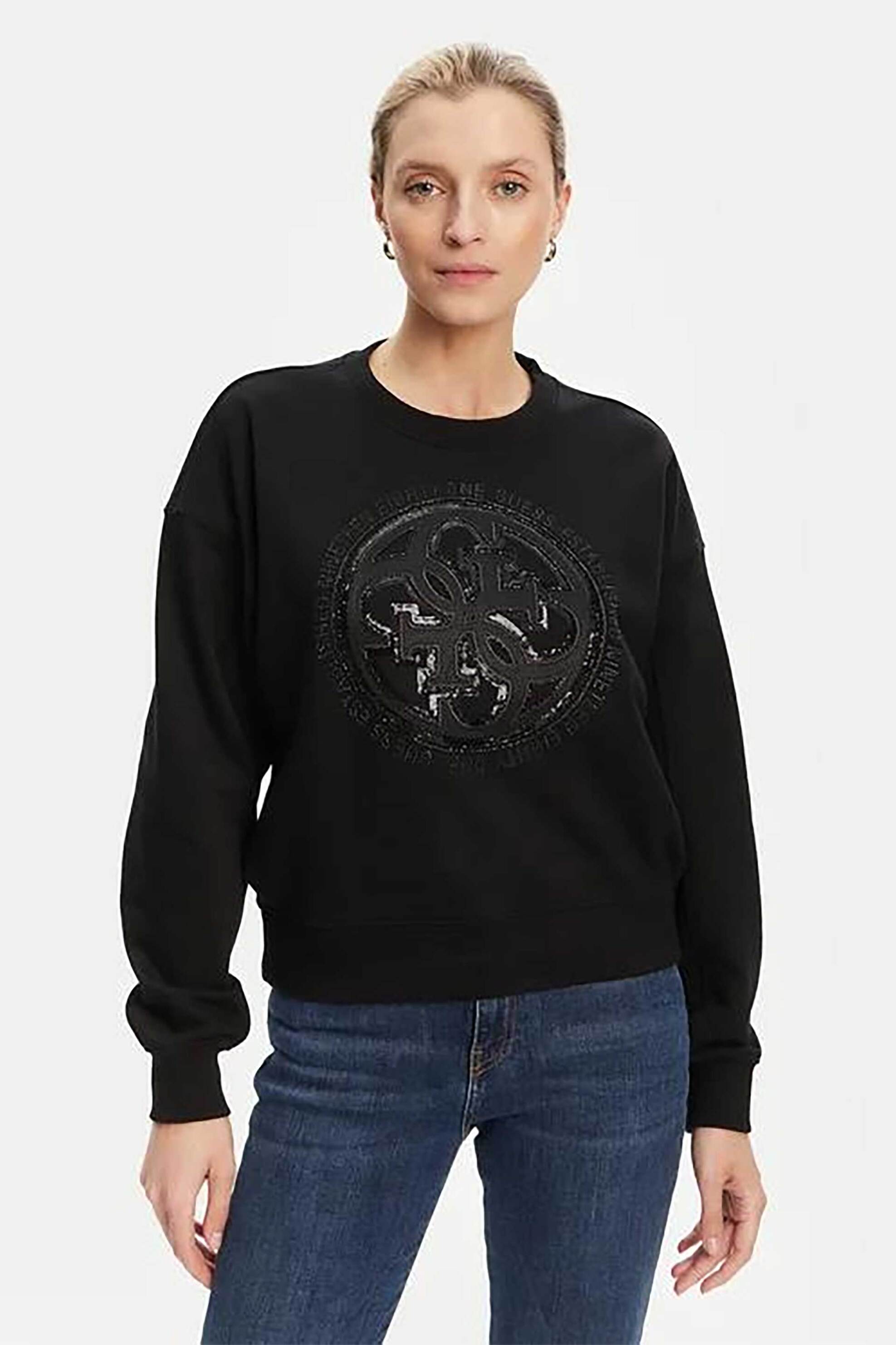 Guess γυναικεία μπλούζα φούτερ με logo print - W5YQ07KB681 Μαύρο