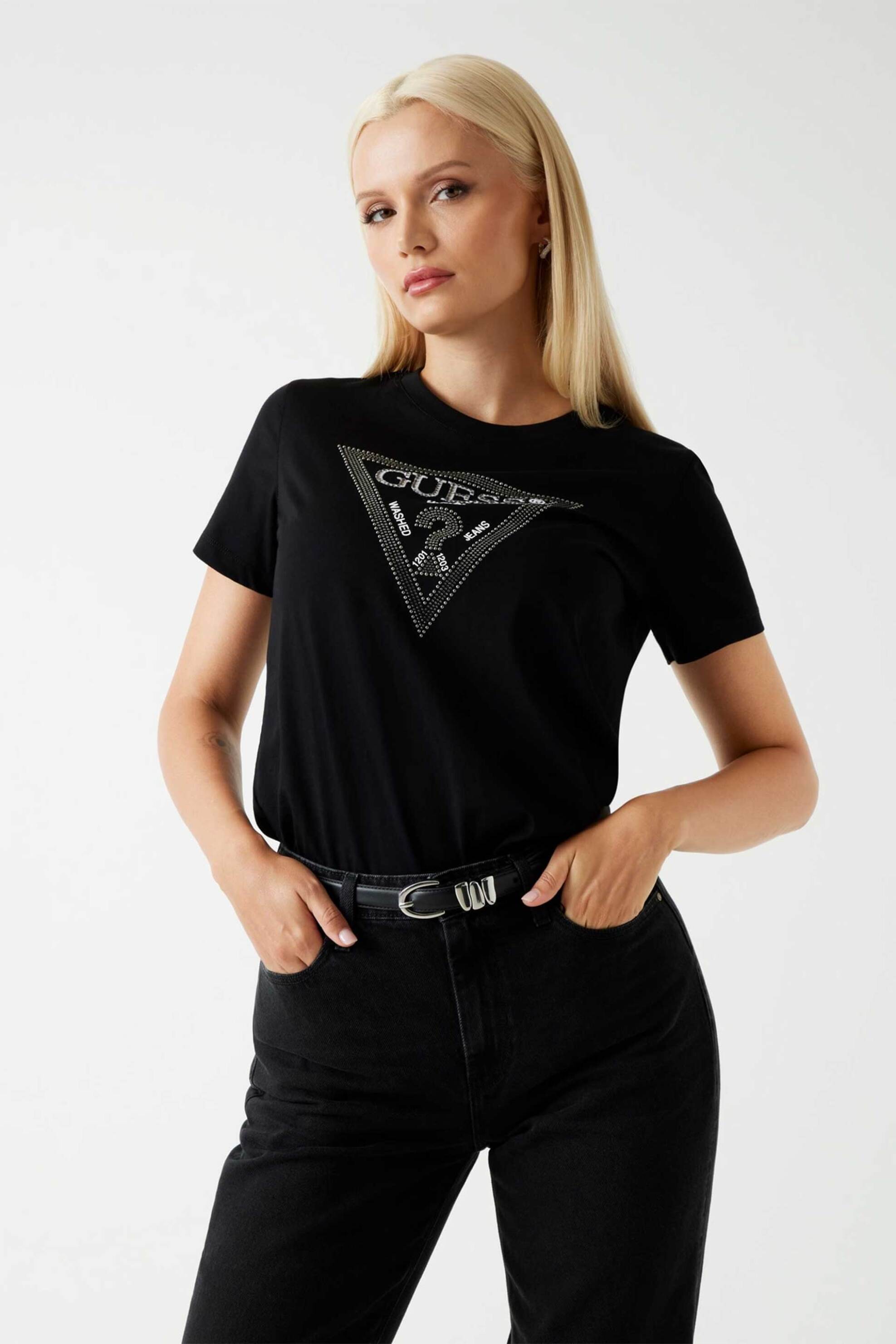 Guess γυναικείο T-shirt με ανάγλυφο λογότυπο με στρας Relaxed Fit - W5BI18I3Z14 Μαύρο
