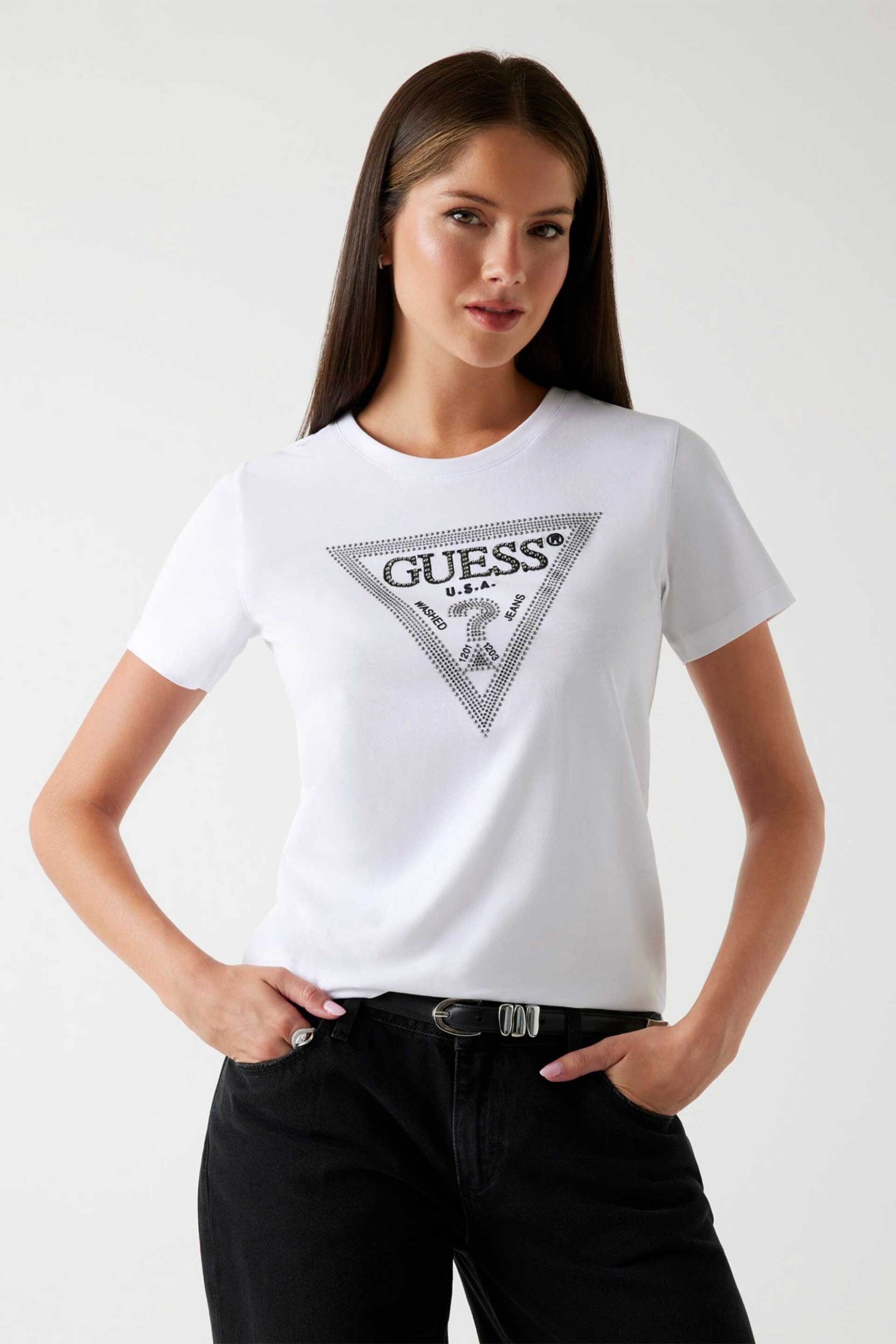 Guess γυναικείο T-shirt με ανάγλυφο λογότυπο με στρας Relaxed Fit - W5BI18I3Z14 Λευκό