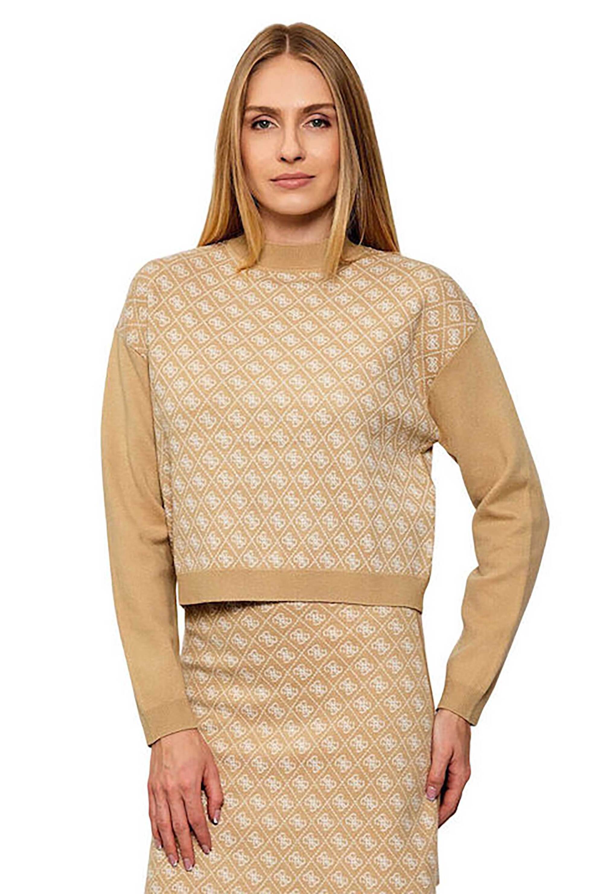 Guess γυναικείο πουλόβερ με all-over logo print - W5BR23Z3JD2 Καφέ Ανοιχτό