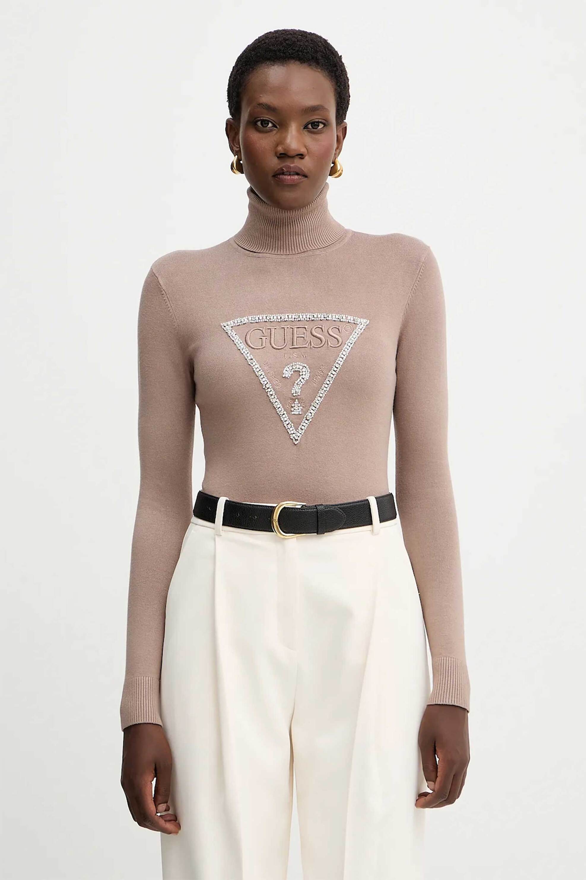 Guess γυναικείο πουλόβερ ζιβάγκο με ανάγλυφο λογότυπο με στρας - W5BR39Z2NQ2 Taupe